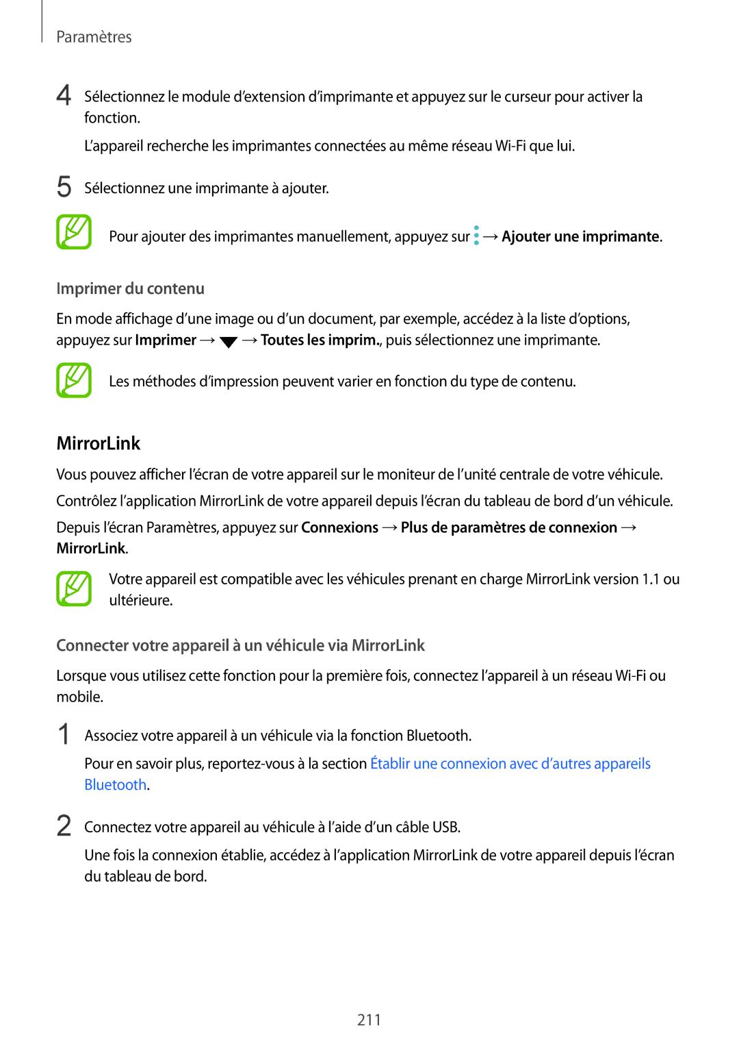 Samsung SM-N950FZDAXEF, SM-N950FZBAXEF manual Imprimer du contenu, Connecter votre appareil à un véhicule via MirrorLink 