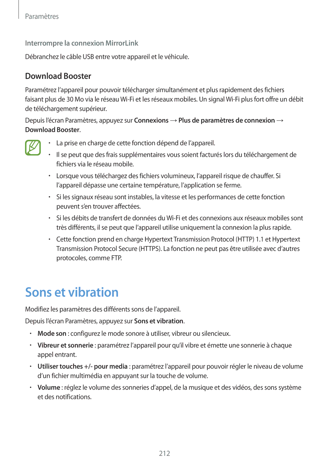 Samsung SM-N950FZKAXEF, SM-N950FZBAXEF manual Sons et vibration, Download Booster, Interrompre la connexion MirrorLink 