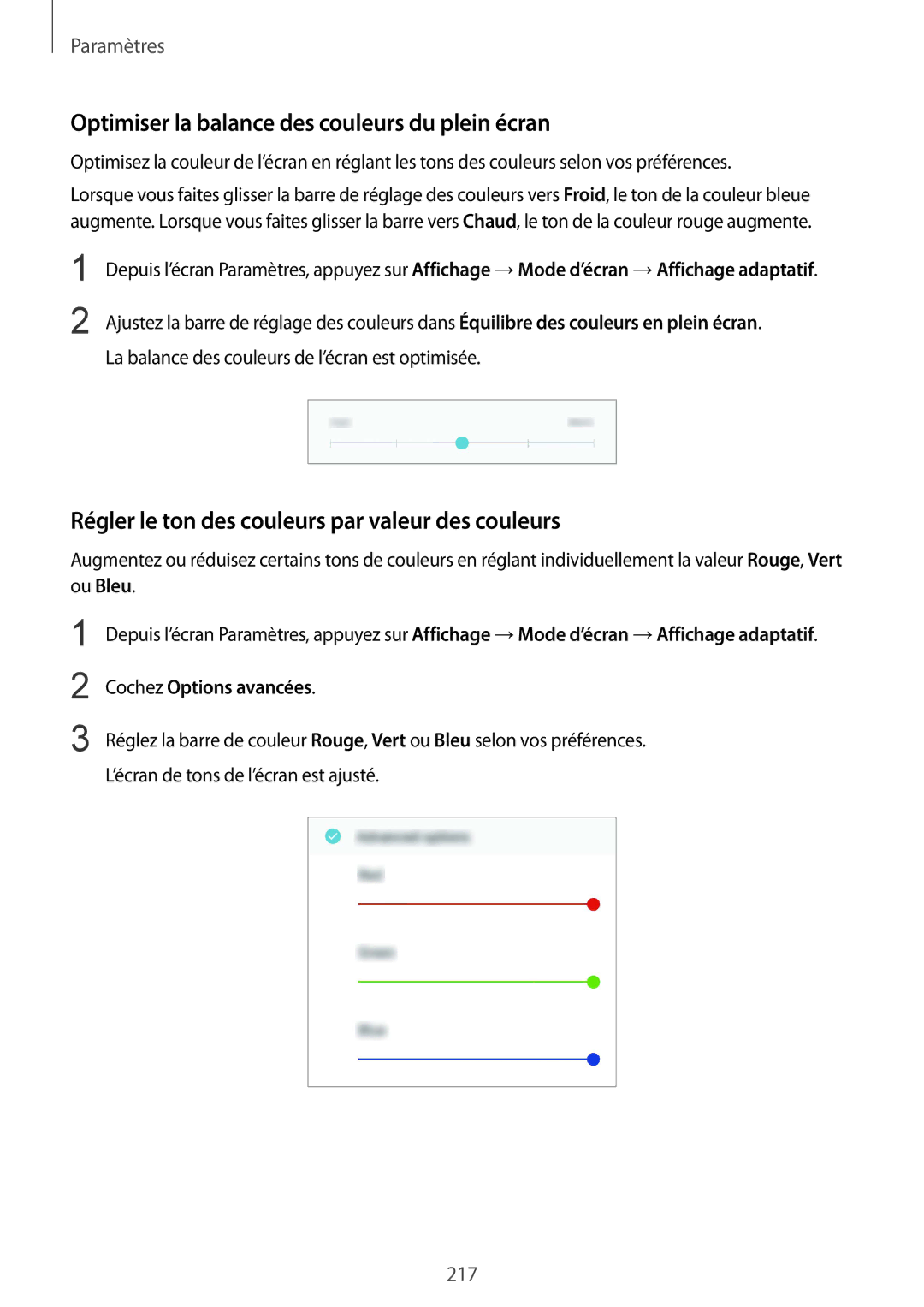 Samsung SM-N950FZDAXEF, SM-N950FZBAXEF manual Optimiser la balance des couleurs du plein écran, Cochez Options avancées 