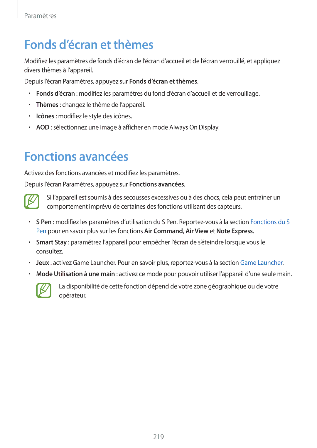 Samsung SM-N950FZBAXEF, SM-N950FZDAXEF, SM-N950FZKAXEF manual Fonds d’écran et thèmes, Fonctions avancées 