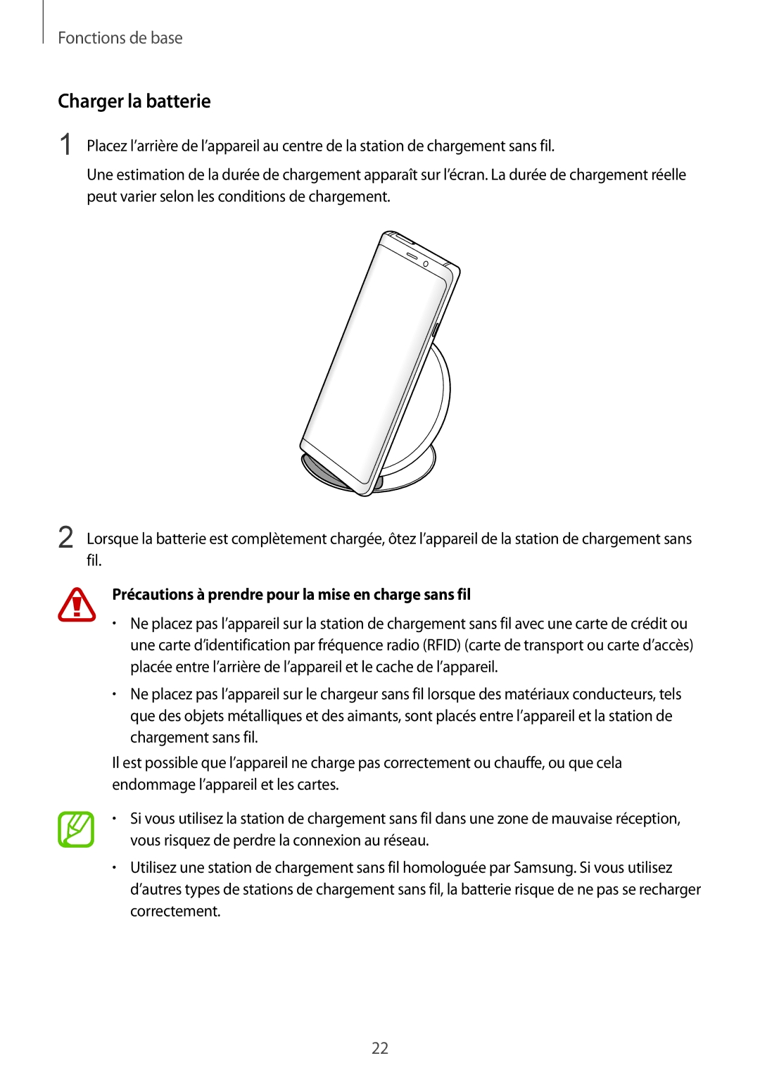 Samsung SM-N950FZDAXEF, SM-N950FZBAXEF manual Charger la batterie, Précautions à prendre pour la mise en charge sans fil 