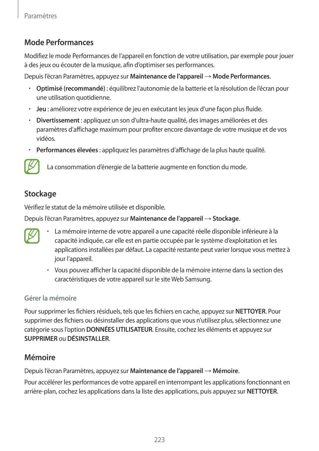 Samsung SM-N950FZDAXEF, SM-N950FZBAXEF, SM-N950FZKAXEF manual Mode Performances, Stockage, Mémoire, Gérer la mémoire 
