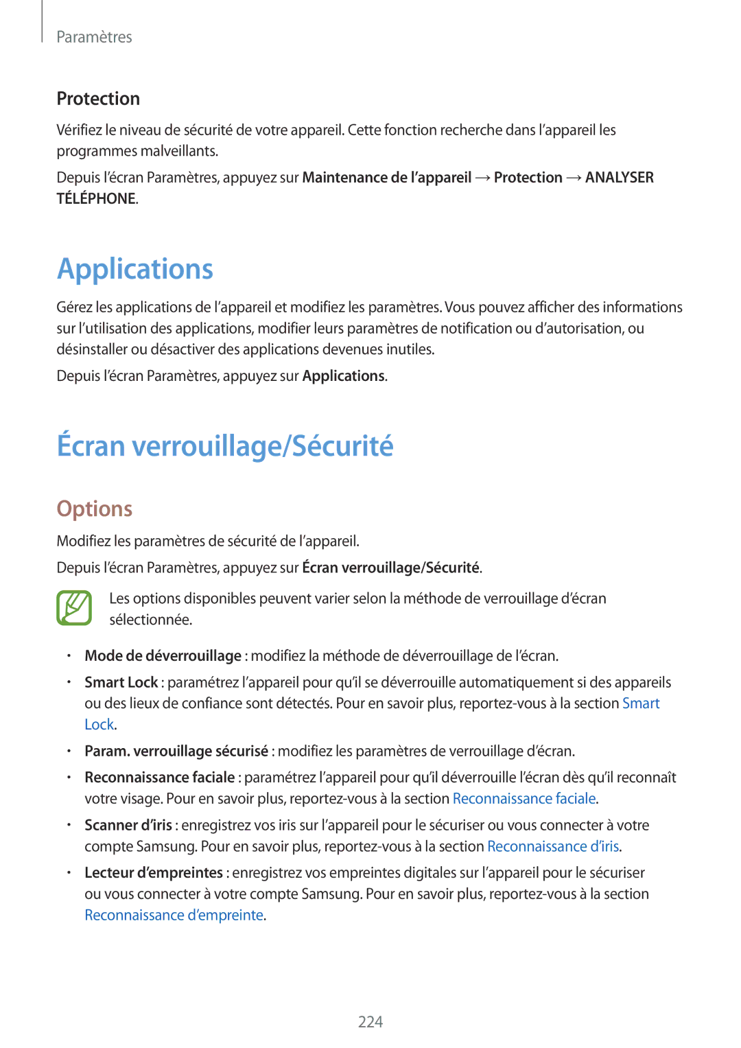 Samsung SM-N950FZKAXEF, SM-N950FZBAXEF, SM-N950FZDAXEF manual Applications, Écran verrouillage/Sécurité, Protection 