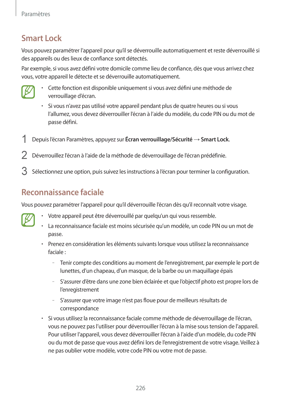 Samsung SM-N950FZDAXEF, SM-N950FZBAXEF, SM-N950FZKAXEF manual Smart Lock, Reconnaissance faciale 