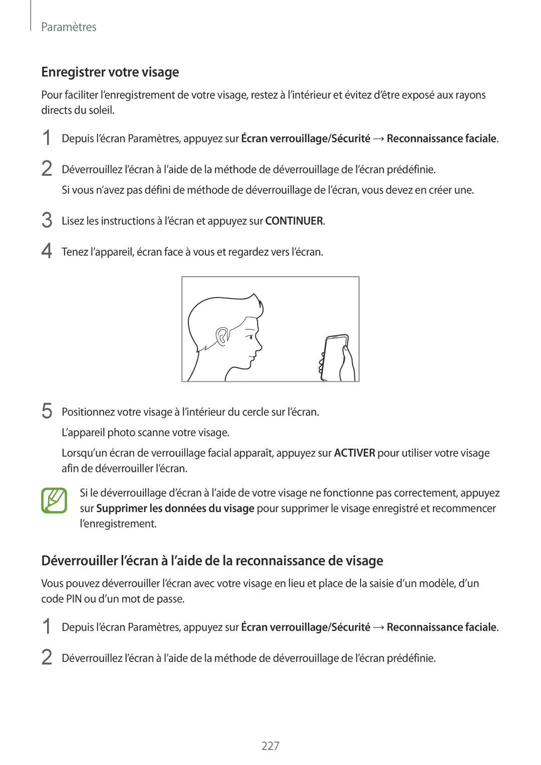 Samsung SM-N950FZKAXEF, SM-N950FZBAXEF, SM-N950FZDAXEF manual Enregistrer votre visage 