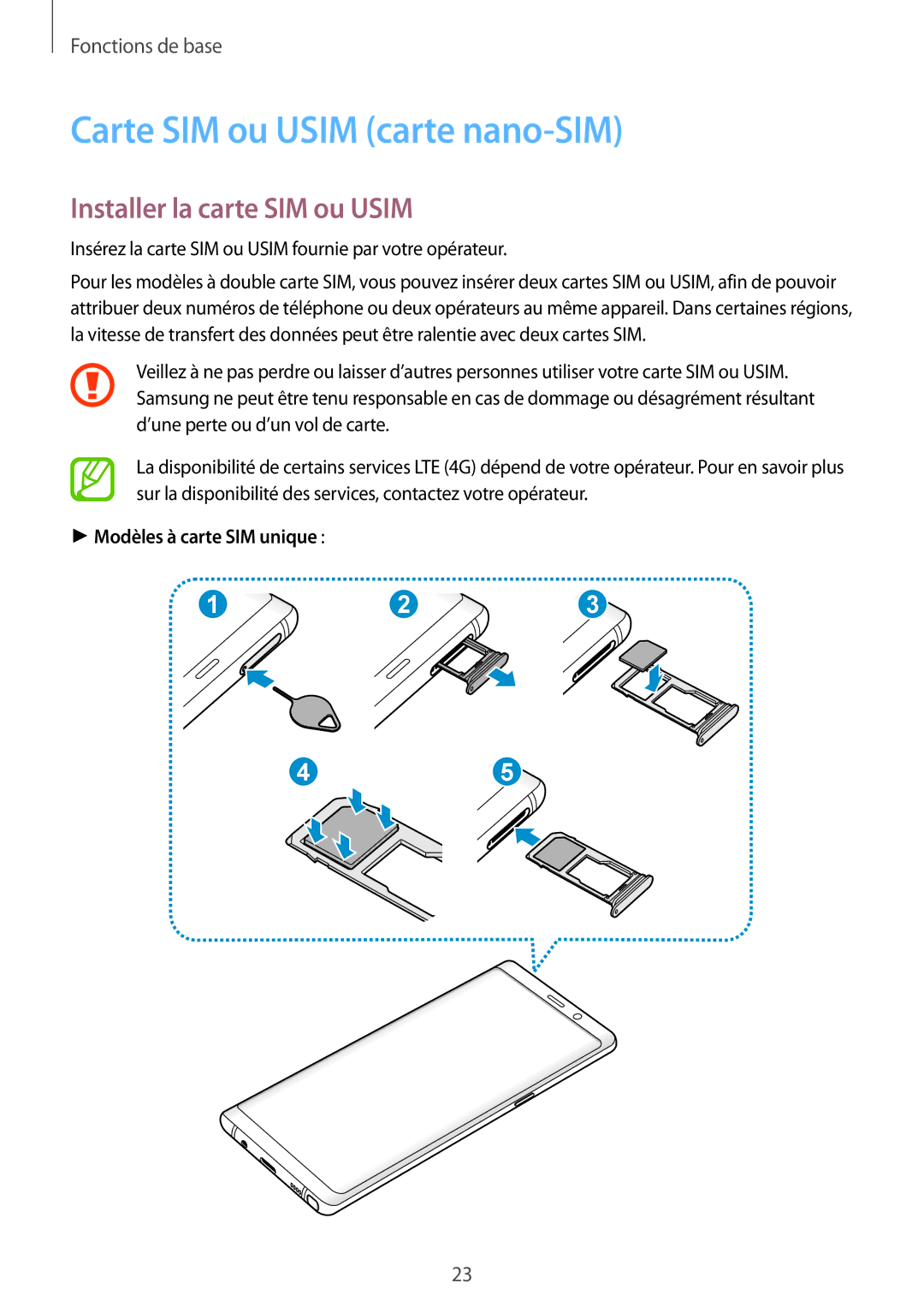 Samsung SM-N950FZKAXEF manual Carte SIM ou Usim carte nano-SIM, Installer la carte SIM ou Usim, Modèles à carte SIM unique 