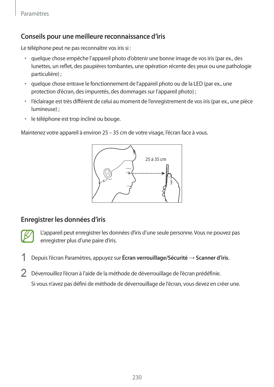 Samsung SM-N950FZKAXEF, SM-N950FZBAXEF Conseils pour une meilleure reconnaissance d’iris, Enregistrer les données d’iris 