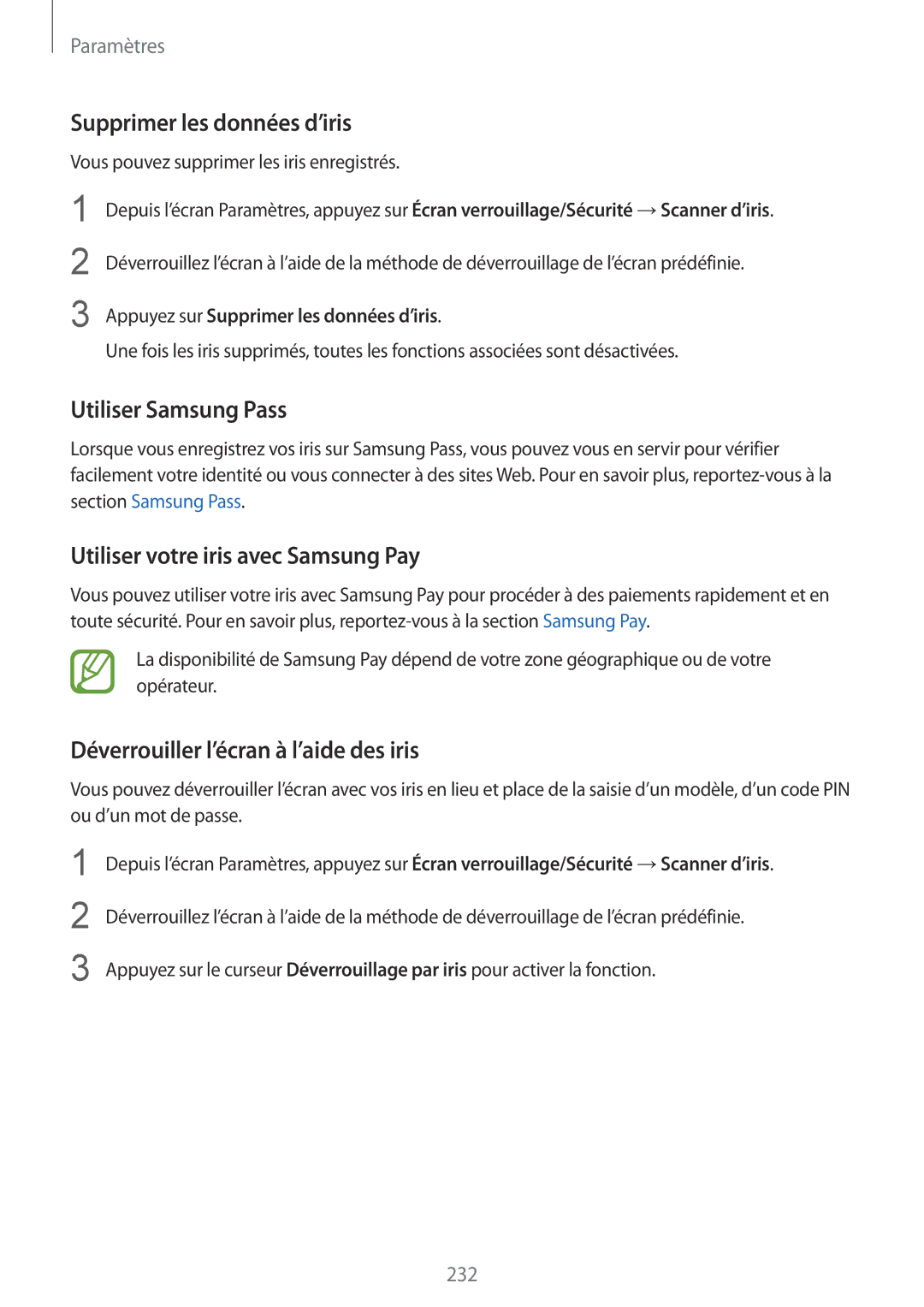 Samsung SM-N950FZDAXEF manual Supprimer les données d’iris, Utiliser Samsung Pass, Utiliser votre iris avec Samsung Pay 