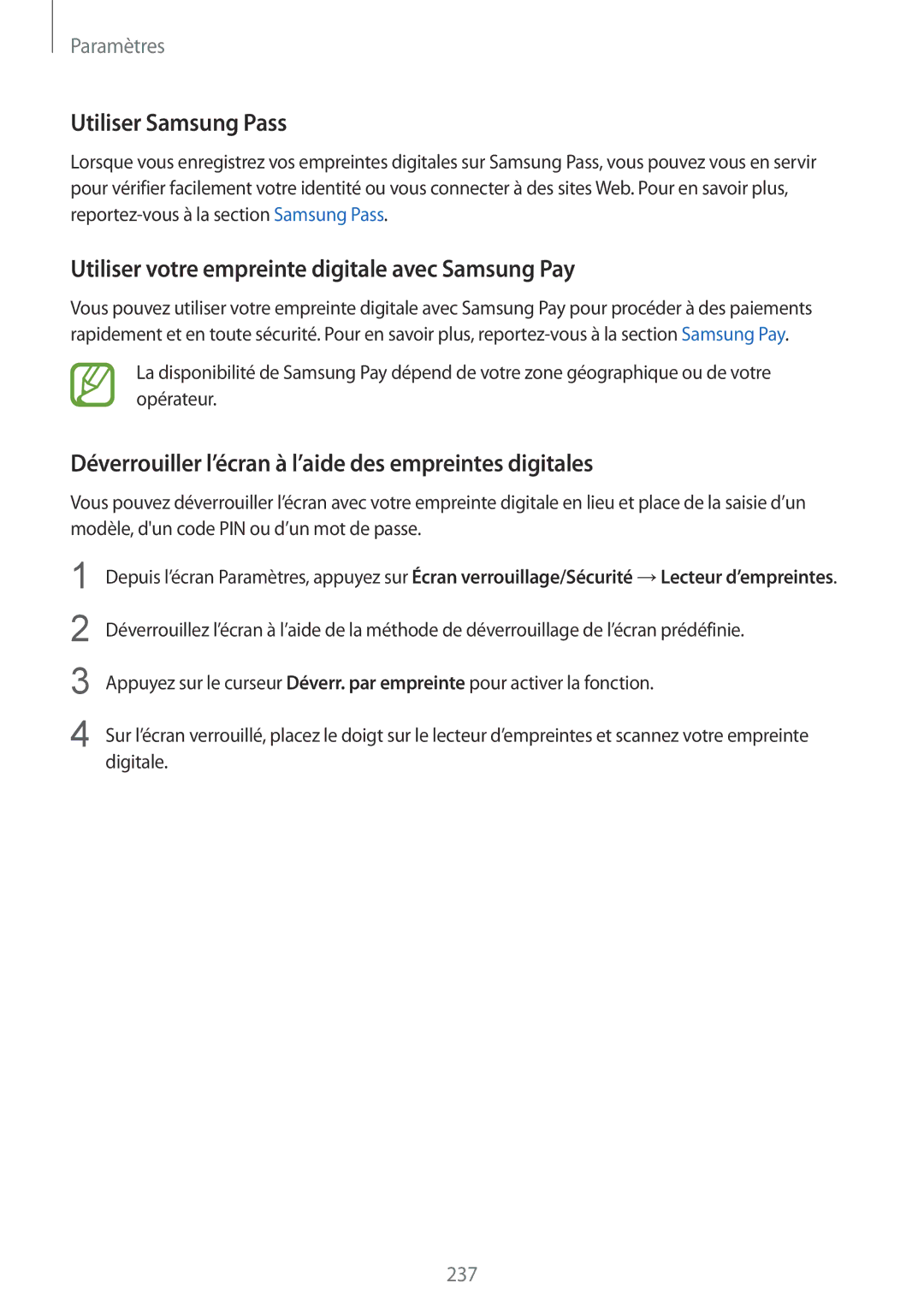 Samsung SM-N950FZBAXEF, SM-N950FZDAXEF, SM-N950FZKAXEF manual Utiliser votre empreinte digitale avec Samsung Pay 