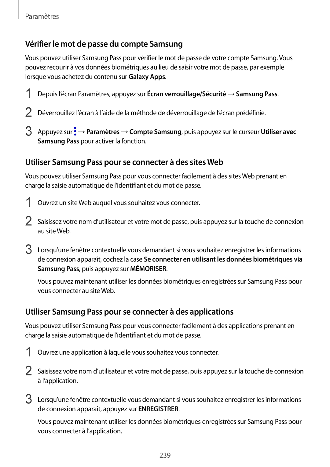 Samsung SM-N950FZKAXEF Vérifier le mot de passe du compte Samsung, Utiliser Samsung Pass pour se connecter à des sites Web 