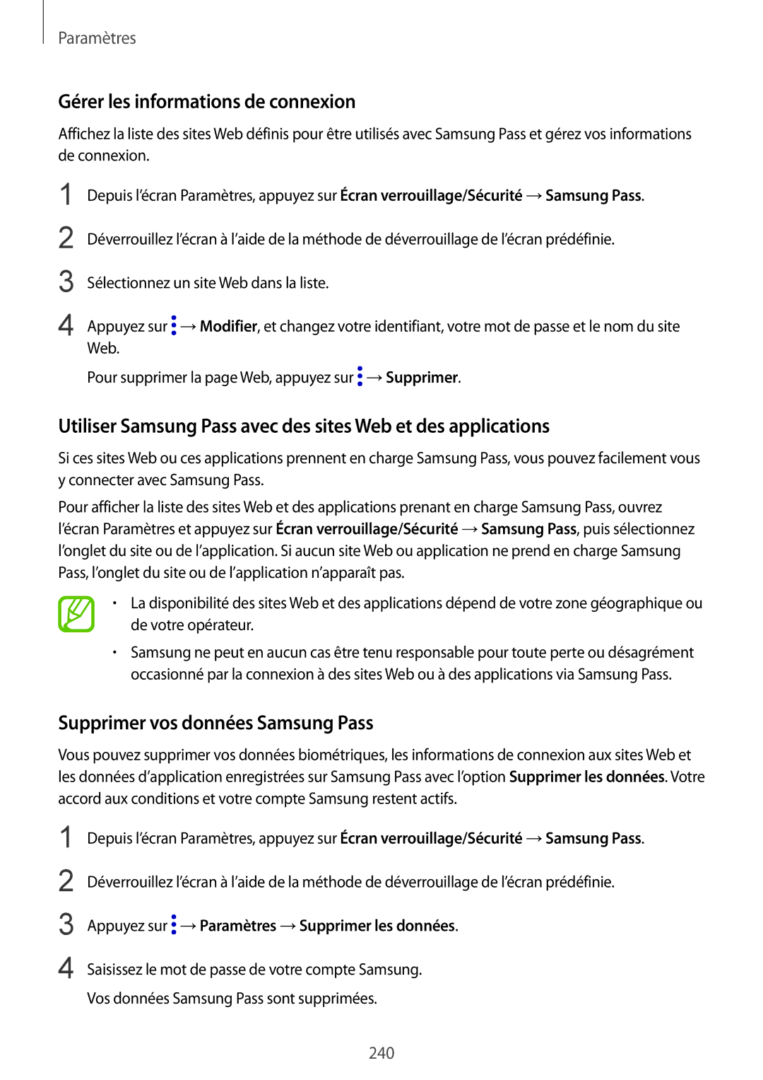 Samsung SM-N950FZBAXEF, SM-N950FZDAXEF manual Gérer les informations de connexion, Supprimer vos données Samsung Pass 