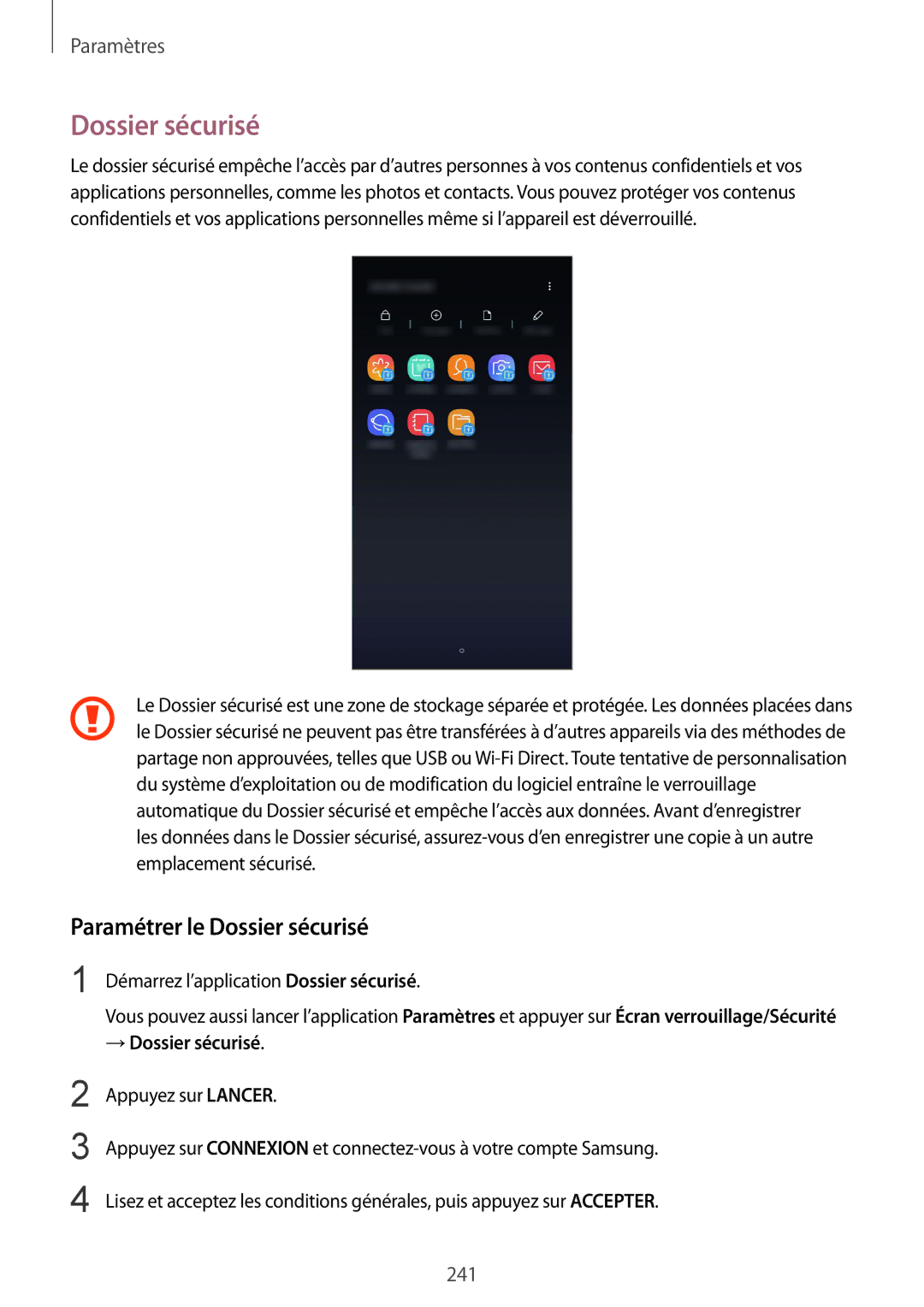 Samsung SM-N950FZDAXEF, SM-N950FZBAXEF, SM-N950FZKAXEF manual Paramétrer le Dossier sécurisé, → Dossier sécurisé 