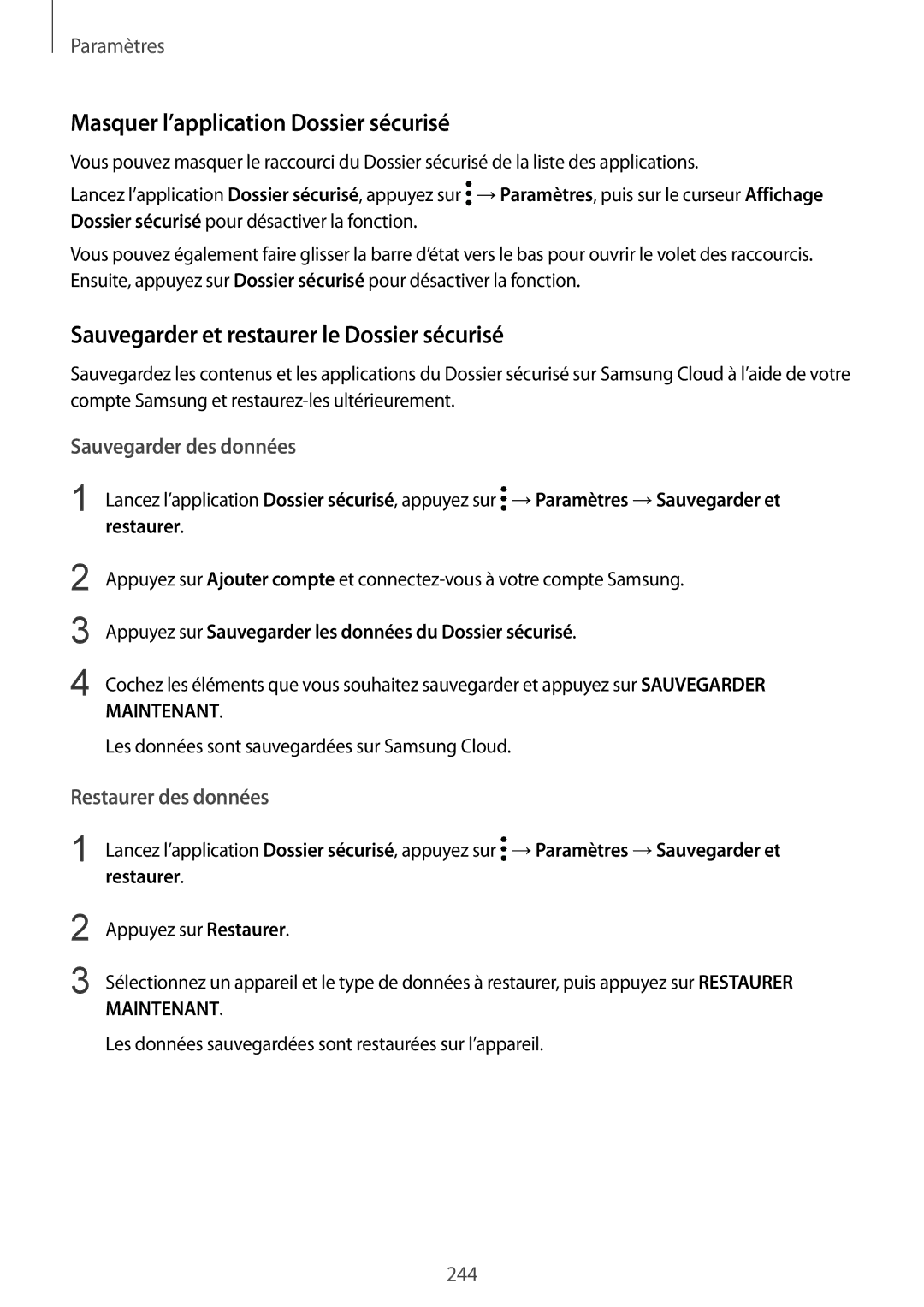 Samsung SM-N950FZDAXEF manual Masquer l’application Dossier sécurisé, Sauvegarder et restaurer le Dossier sécurisé 