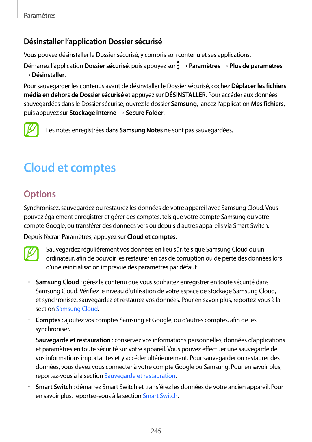 Samsung SM-N950FZKAXEF, SM-N950FZBAXEF, SM-N950FZDAXEF manual Cloud et comptes, Désinstaller l’application Dossier sécurisé 