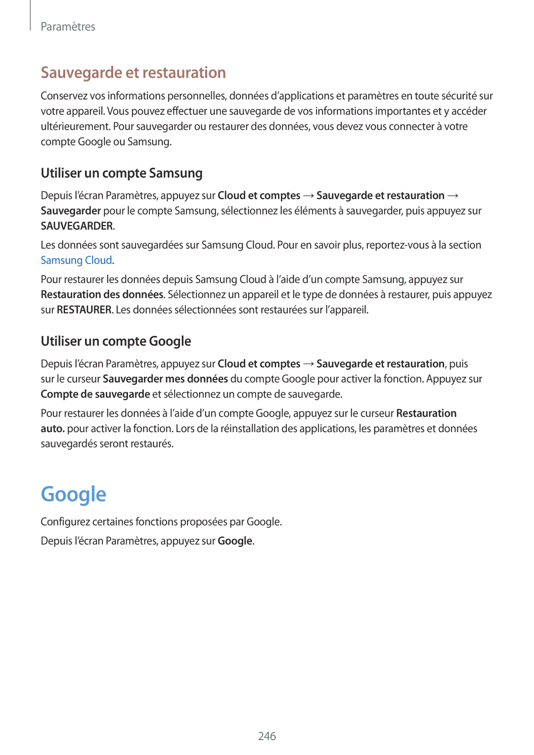 Samsung SM-N950FZBAXEF manual Sauvegarde et restauration, Utiliser un compte Samsung, Utiliser un compte Google 