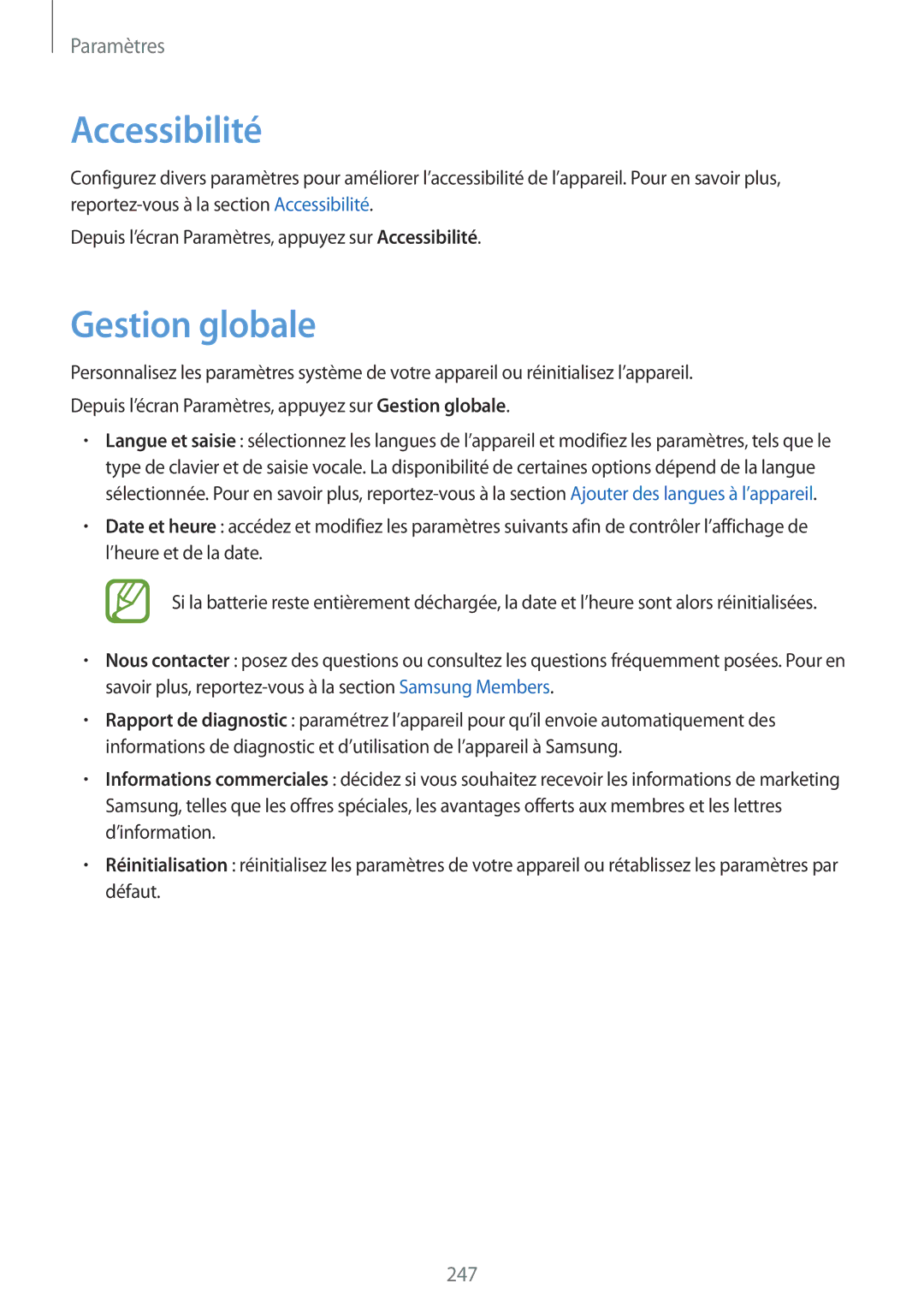 Samsung SM-N950FZDAXEF, SM-N950FZBAXEF, SM-N950FZKAXEF manual Accessibilité, Gestion globale 