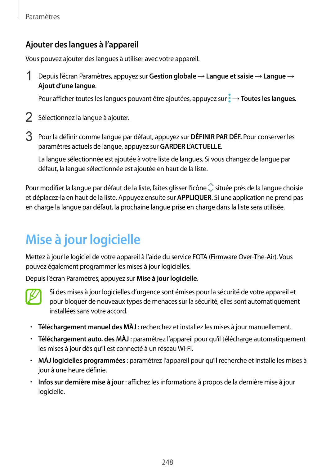 Samsung SM-N950FZKAXEF, SM-N950FZBAXEF, SM-N950FZDAXEF manual Mise à jour logicielle, Ajouter des langues à l’appareil 