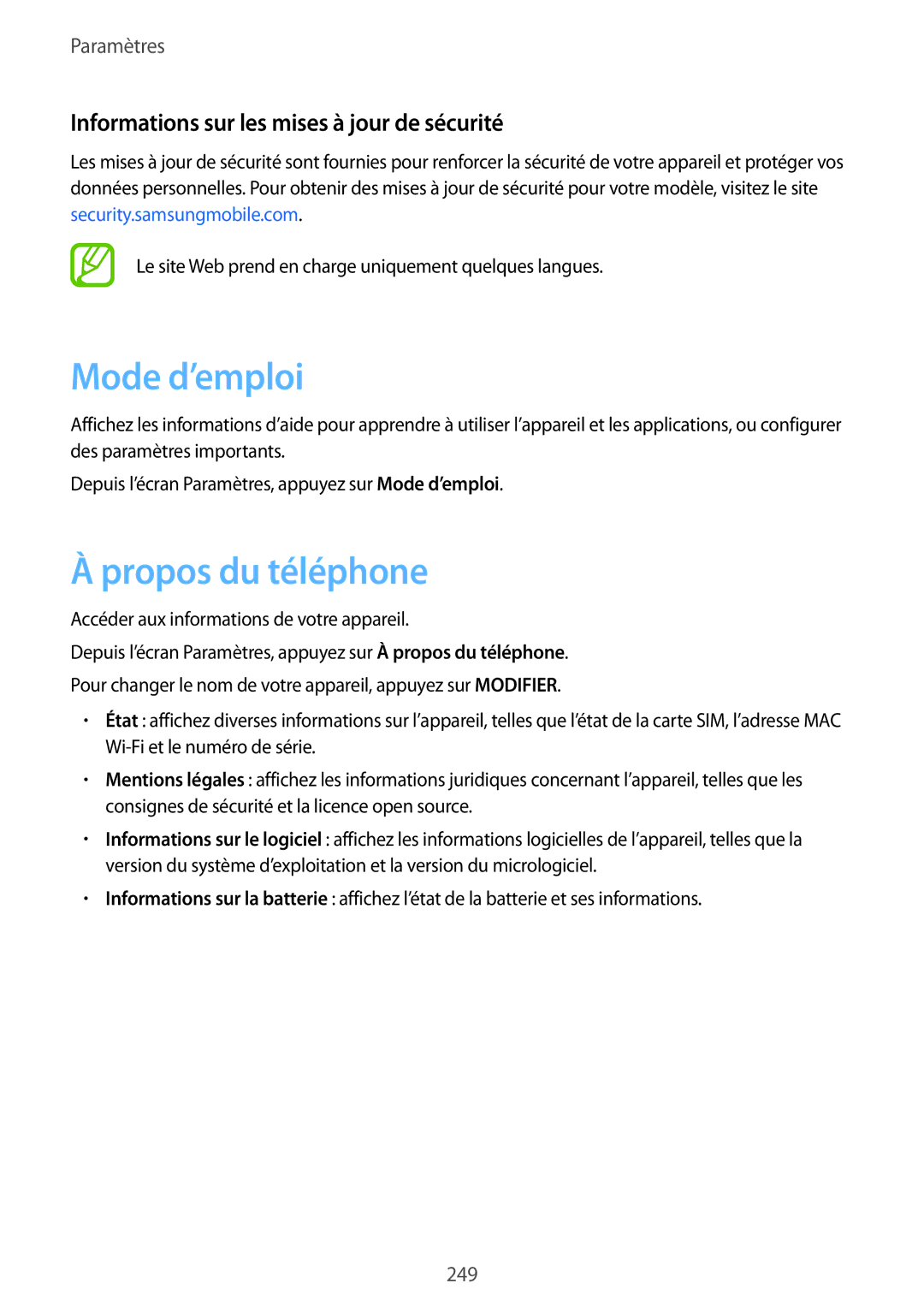 Samsung SM-N950FZBAXEF, SM-N950FZDAXEF Mode d’emploi, Propos du téléphone, Informations sur les mises à jour de sécurité 