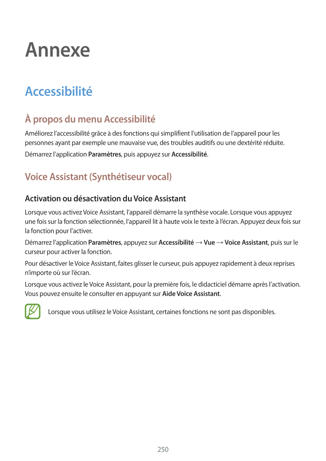 Samsung SM-N950FZDAXEF, SM-N950FZBAXEF, SM-N950FZKAXEF Propos du menu Accessibilité, Voice Assistant Synthétiseur vocal 