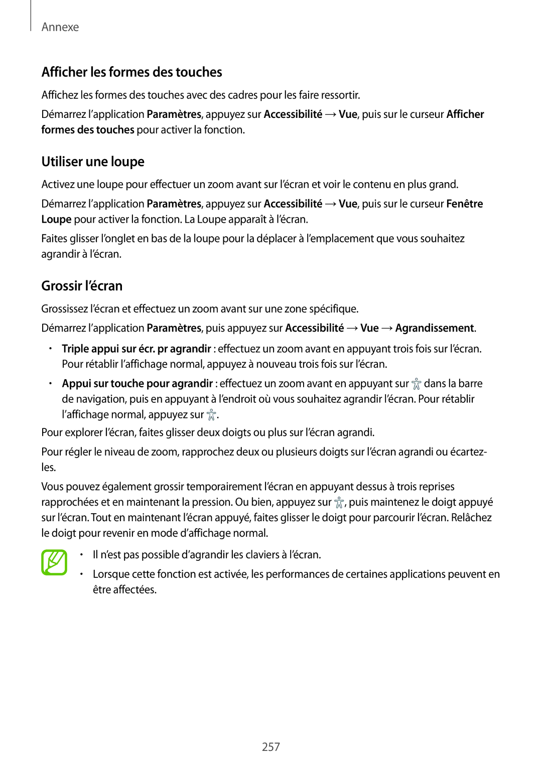 Samsung SM-N950FZKAXEF, SM-N950FZBAXEF, SM-N950FZDAXEF Afficher les formes des touches, Utiliser une loupe, Grossir l’écran 