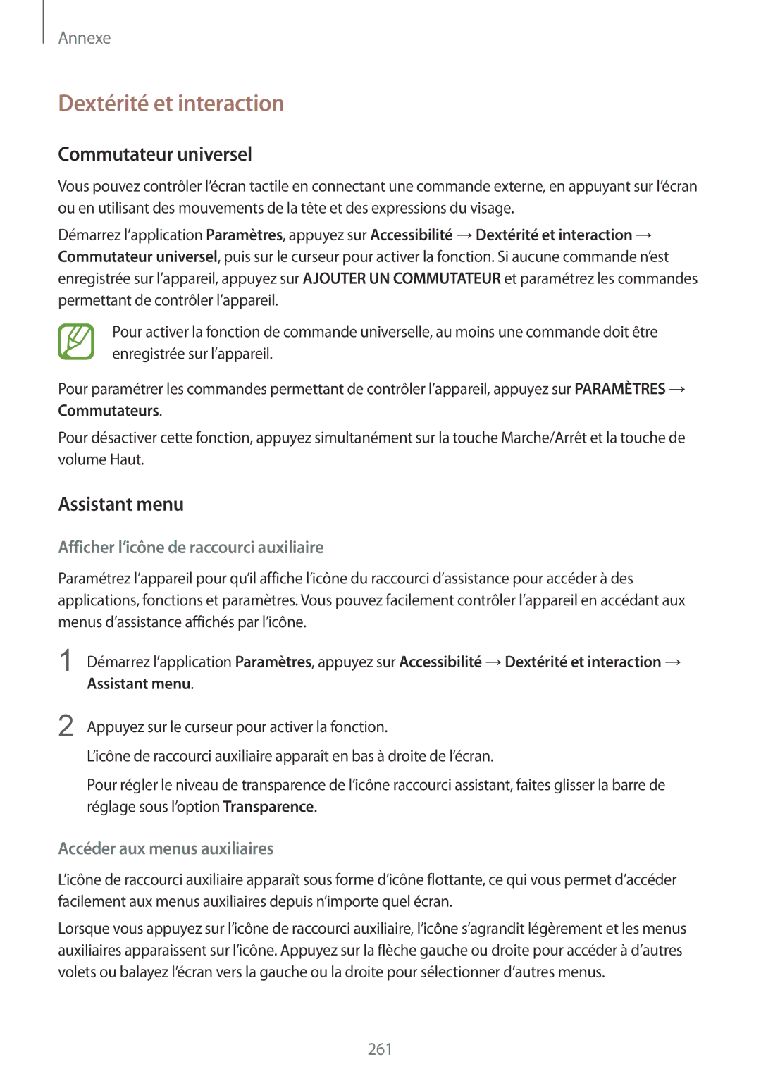 Samsung SM-N950FZBAXEF Dextérité et interaction, Commutateur universel, Assistant menu, Accéder aux menus auxiliaires 