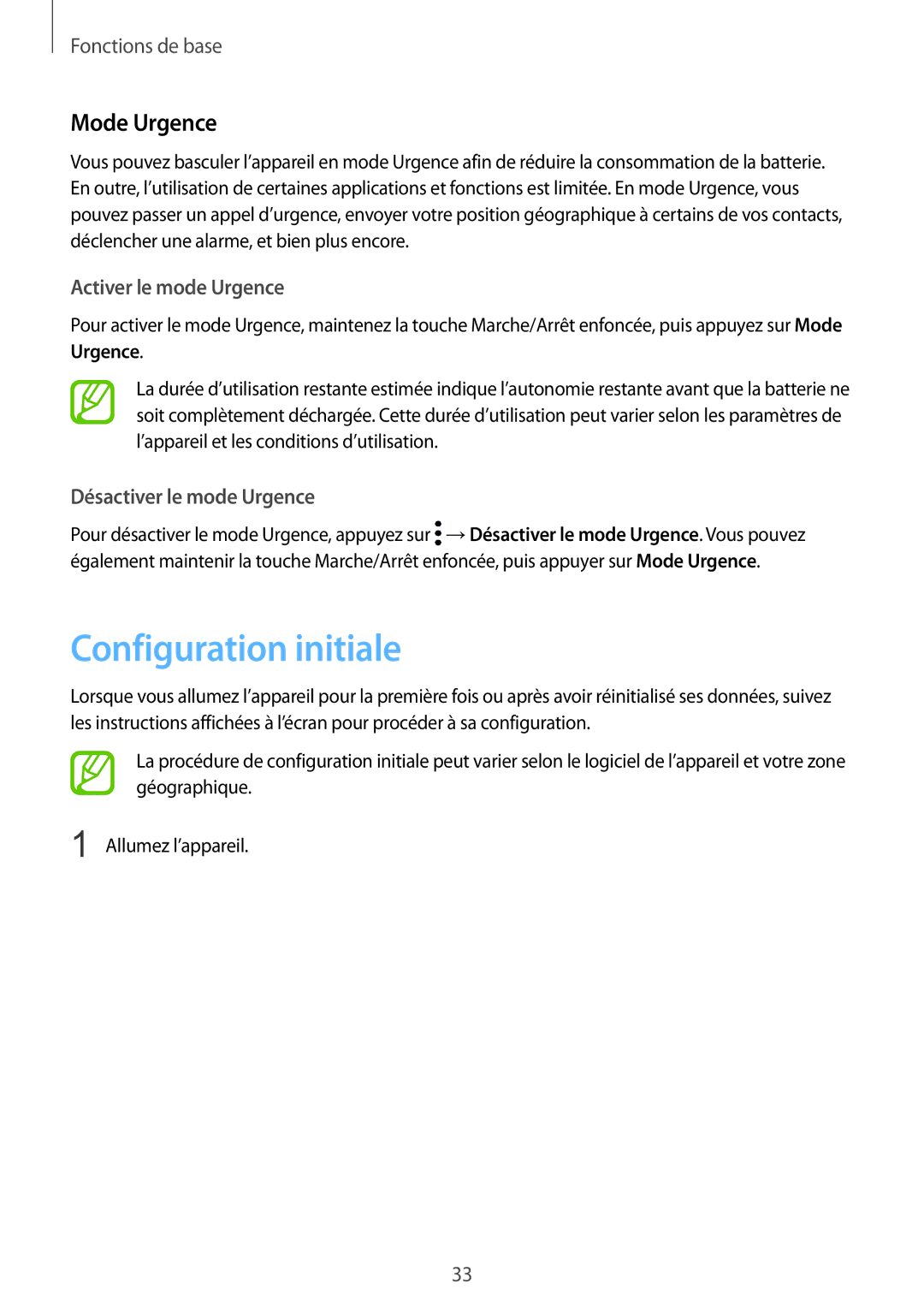 Samsung SM-N950FZBAXEF manual Configuration initiale, Mode Urgence, Activer le mode Urgence, Désactiver le mode Urgence 