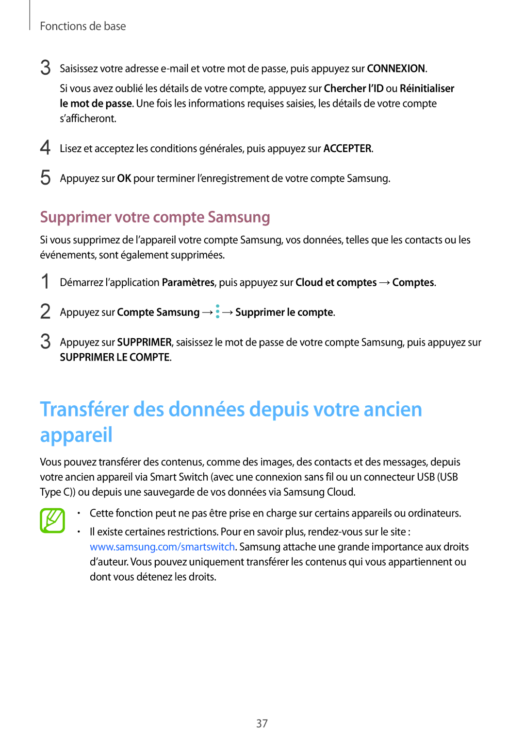 Samsung SM-N950FZDAXEF, SM-N950FZBAXEF Transférer des données depuis votre ancien appareil, Supprimer votre compte Samsung 