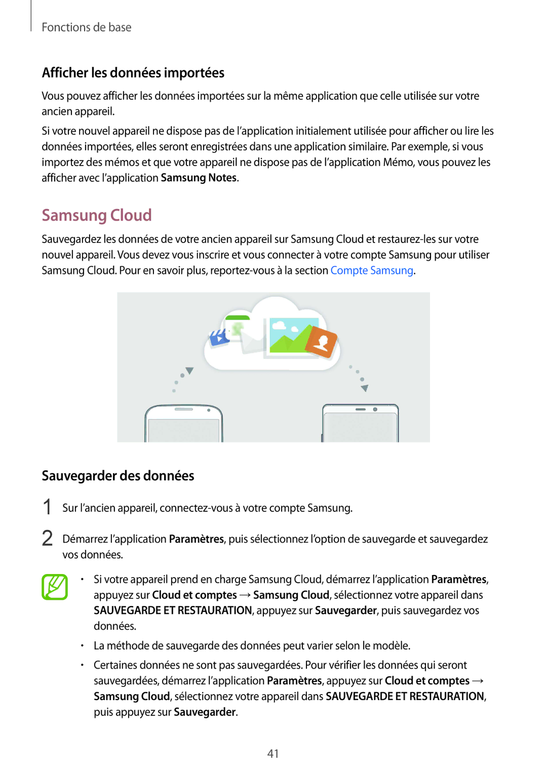 Samsung SM-N950FZKAXEF, SM-N950FZBAXEF manual Samsung Cloud, Afficher les données importées, Sauvegarder des données 