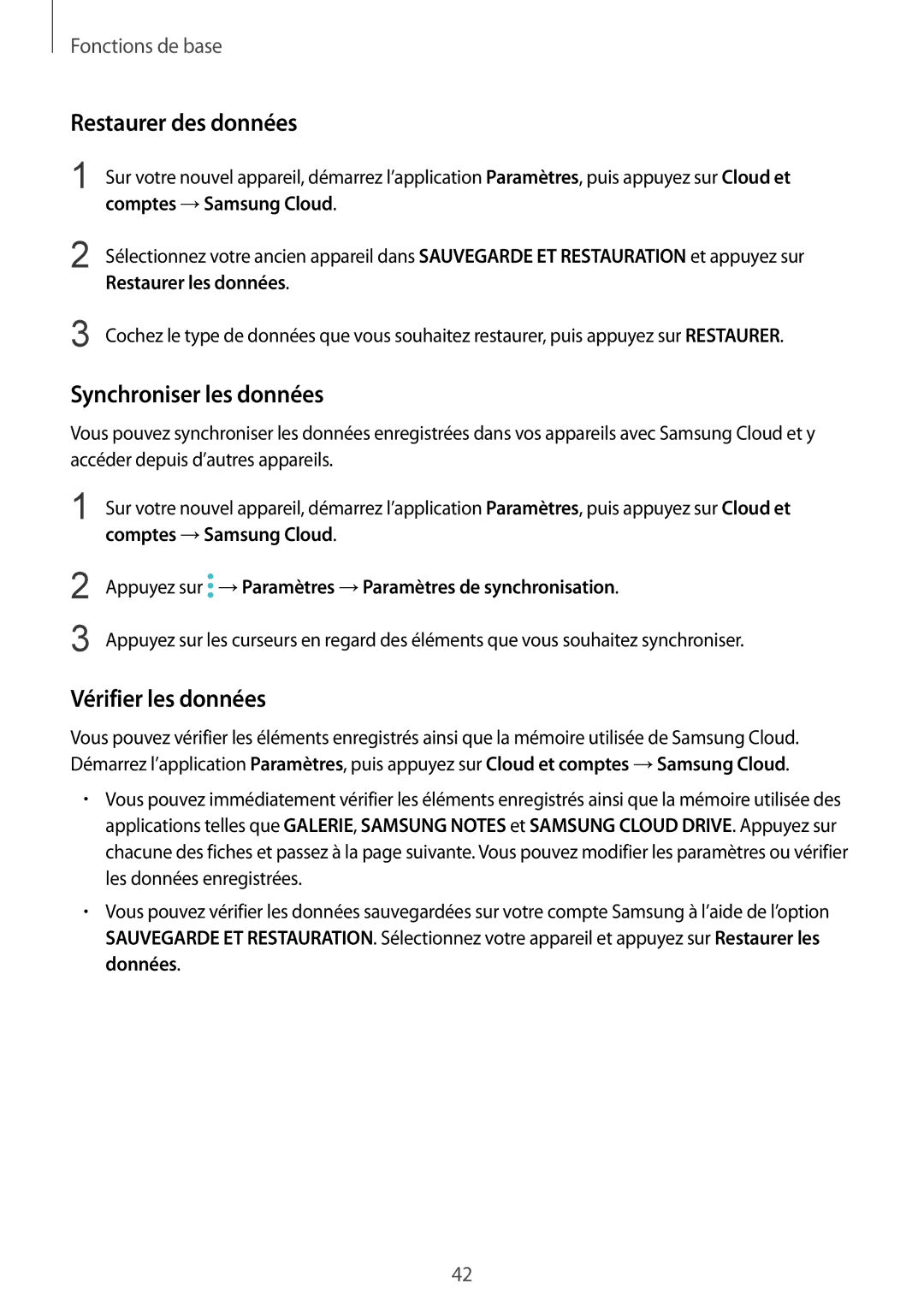 Samsung SM-N950FZBAXEF, SM-N950FZDAXEF manual Restaurer des données, Synchroniser les données, Vérifier les données 