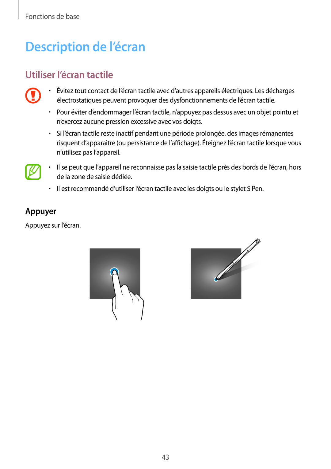 Samsung SM-N950FZDAXEF, SM-N950FZBAXEF, SM-N950FZKAXEF manual Description de l’écran, Utiliser l’écran tactile, Appuyer 