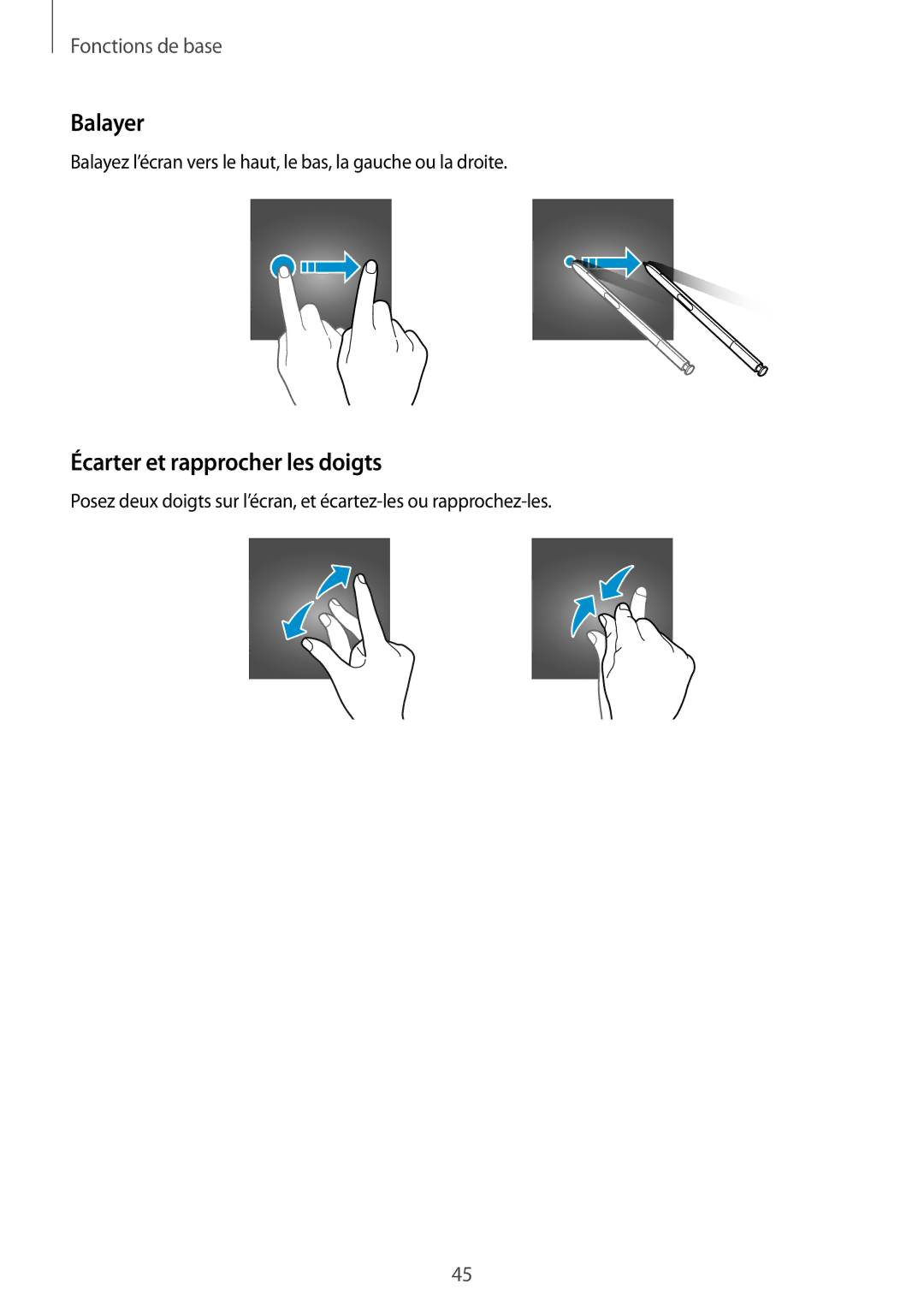 Samsung SM-N950FZBAXEF, SM-N950FZDAXEF, SM-N950FZKAXEF manual Balayer, Écarter et rapprocher les doigts 