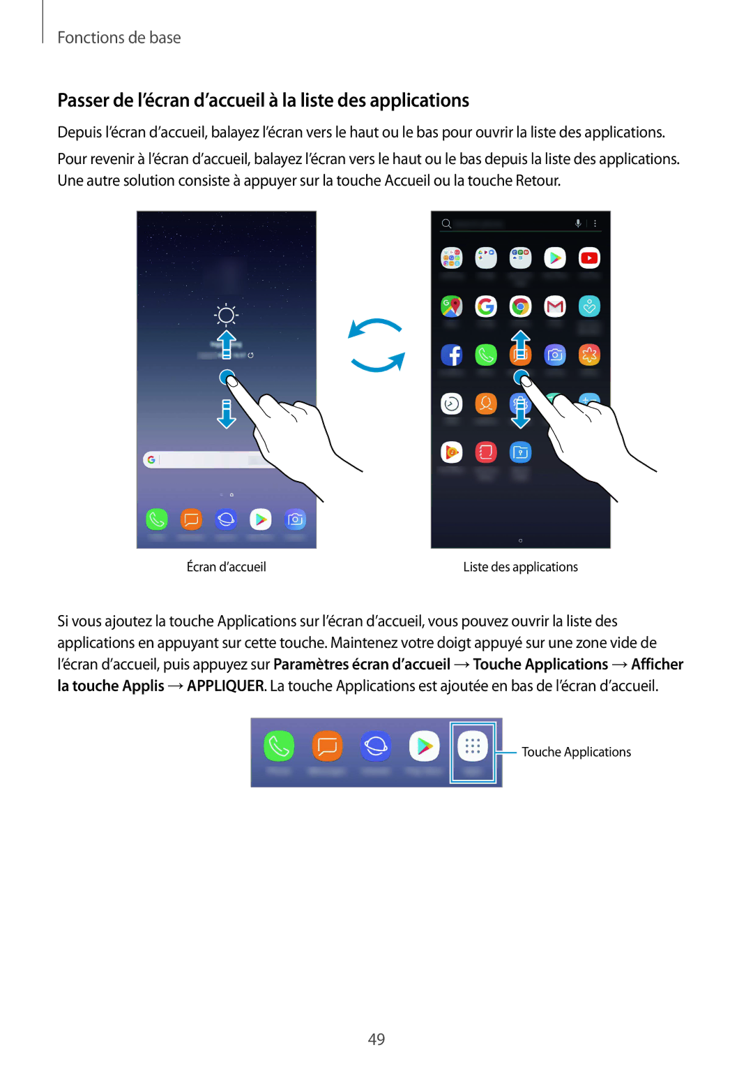 Samsung SM-N950FZDAXEF, SM-N950FZBAXEF, SM-N950FZKAXEF manual Passer de l’écran d’accueil à la liste des applications 