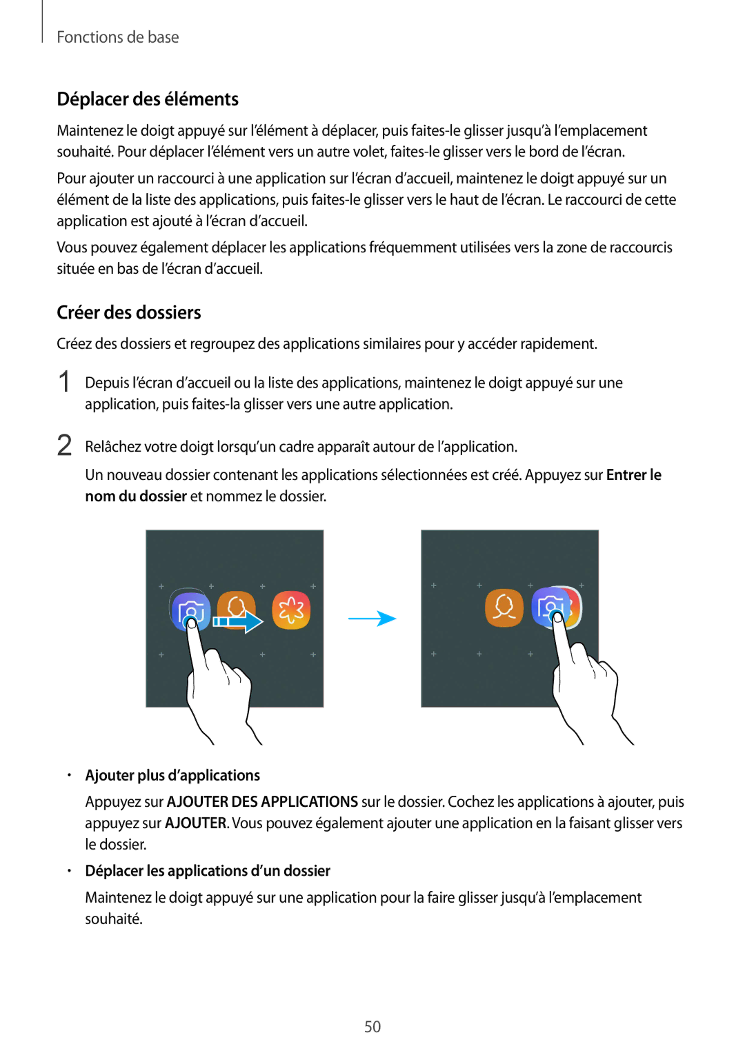 Samsung SM-N950FZKAXEF, SM-N950FZBAXEF manual Déplacer des éléments, Créer des dossiers, Ajouter plus d’applications 