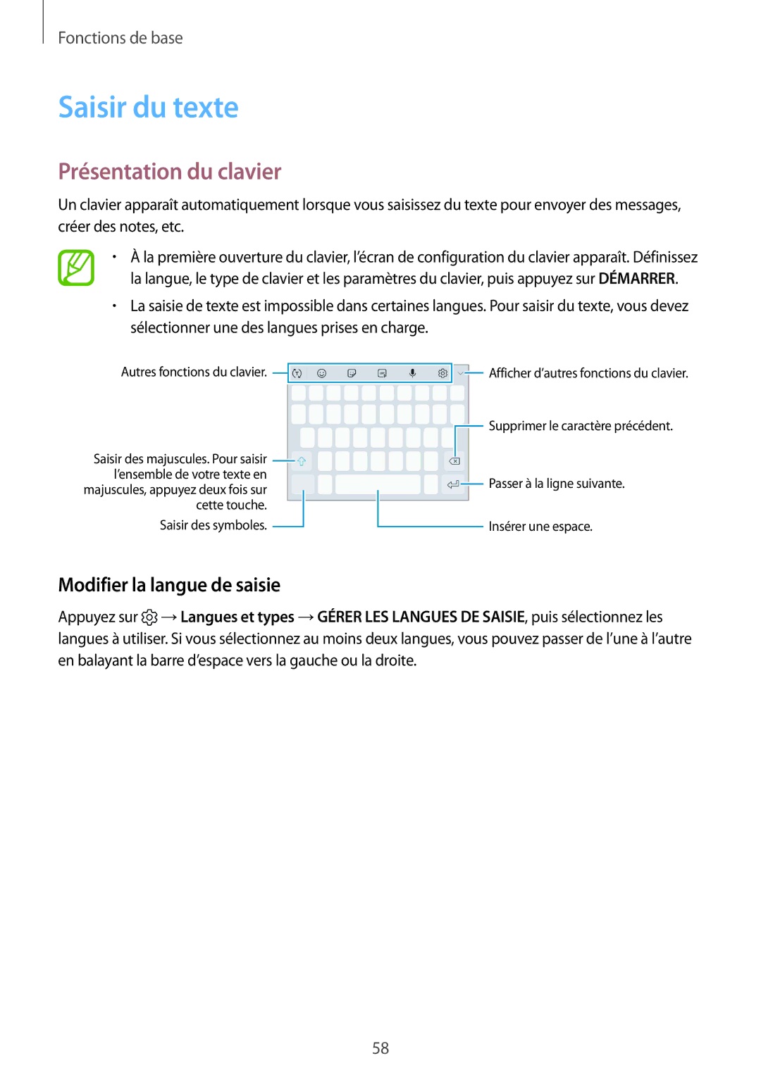 Samsung SM-N950FZDAXEF, SM-N950FZBAXEF manual Saisir du texte, Présentation du clavier, Modifier la langue de saisie 