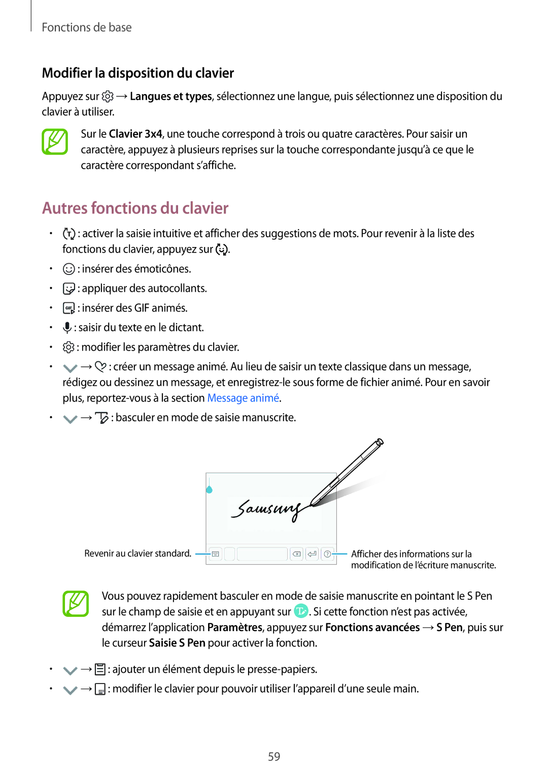 Samsung SM-N950FZKAXEF, SM-N950FZBAXEF, SM-N950FZDAXEF manual Autres fonctions du clavier, Modifier la disposition du clavier 