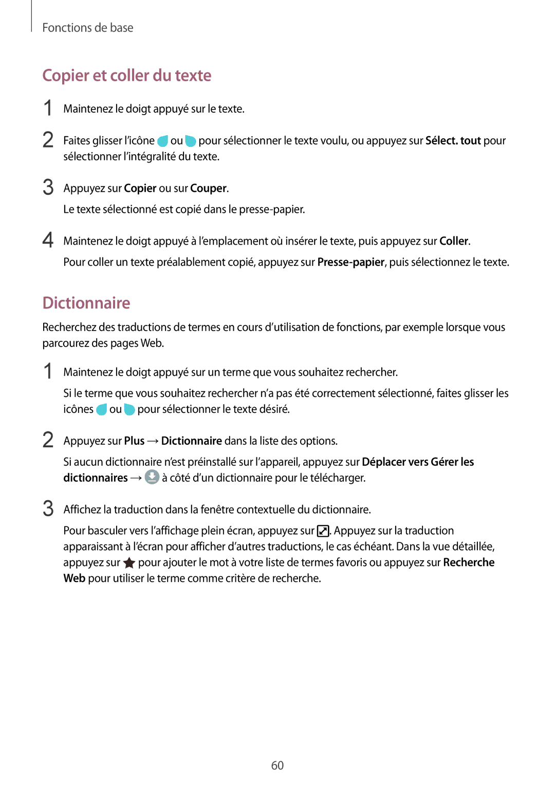 Samsung SM-N950FZBAXEF, SM-N950FZDAXEF, SM-N950FZKAXEF manual Copier et coller du texte, Dictionnaire 