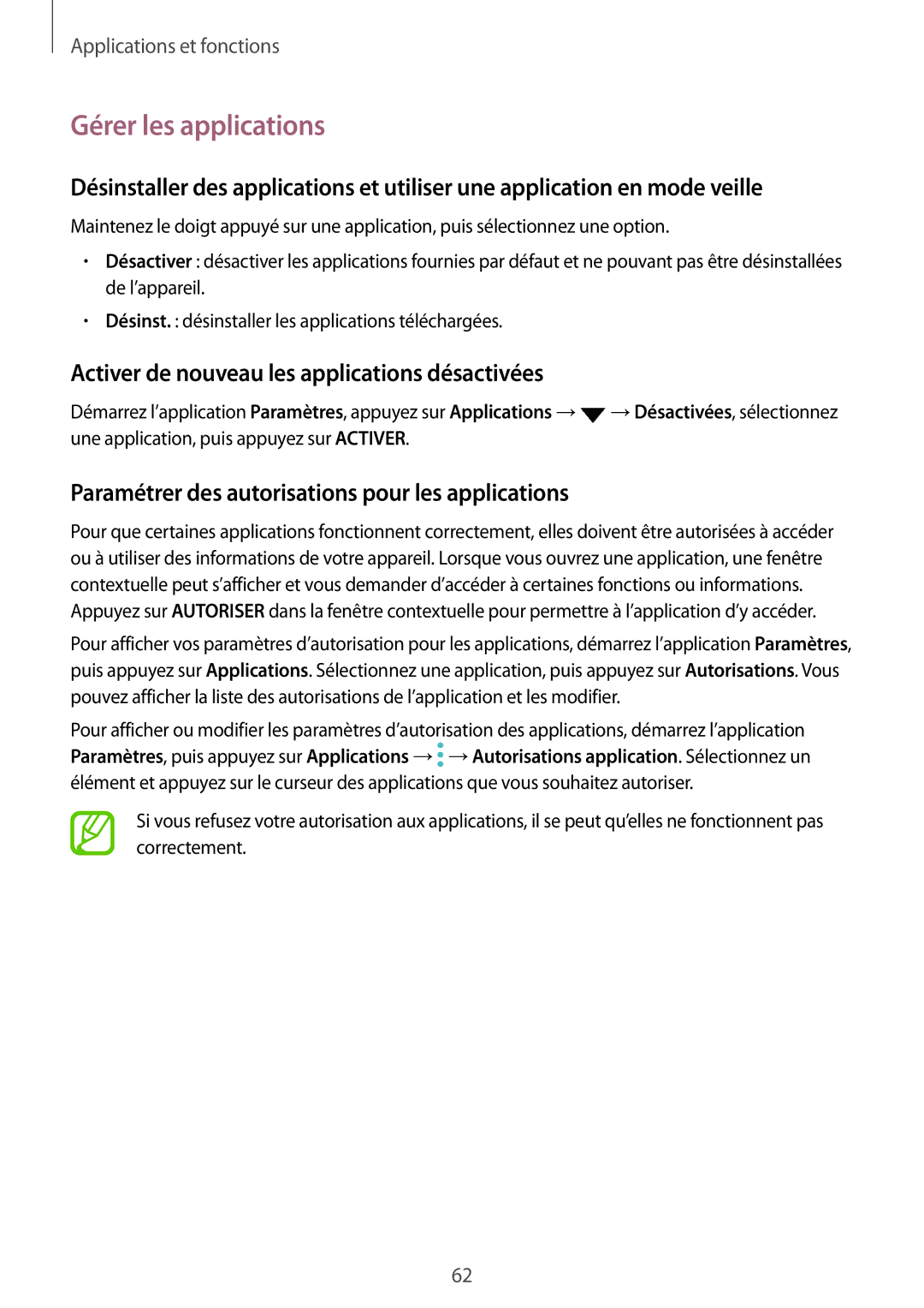 Samsung SM-N950FZKAXEF, SM-N950FZBAXEF manual Gérer les applications, Activer de nouveau les applications désactivées 