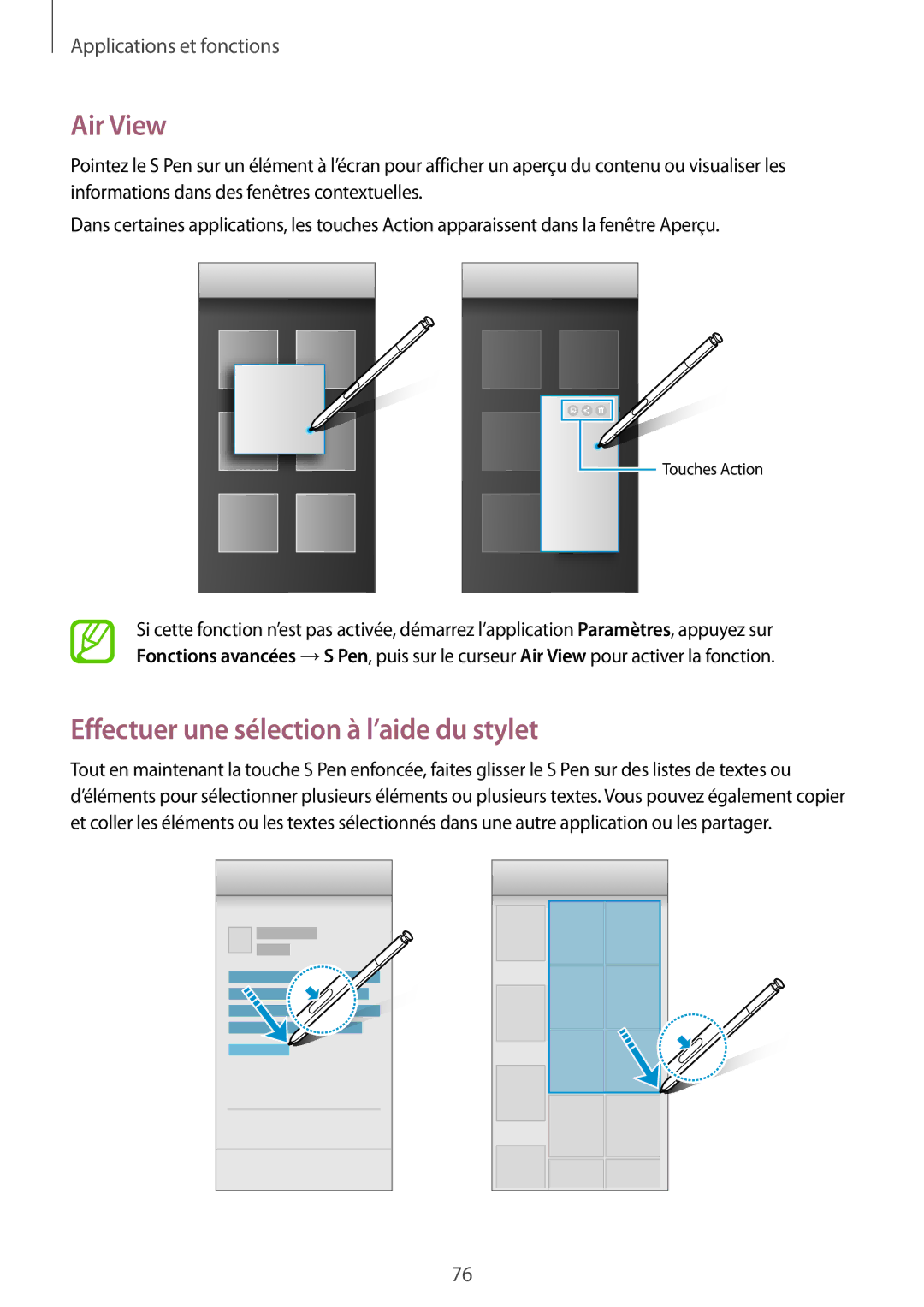 Samsung SM-N950FZDAXEF, SM-N950FZBAXEF, SM-N950FZKAXEF manual Air View, Effectuer une sélection à l’aide du stylet 