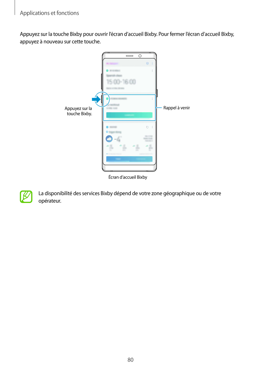 Samsung SM-N950FZKAXEF, SM-N950FZBAXEF, SM-N950FZDAXEF manual Rappel à venir Écran d’accueil Bixby 