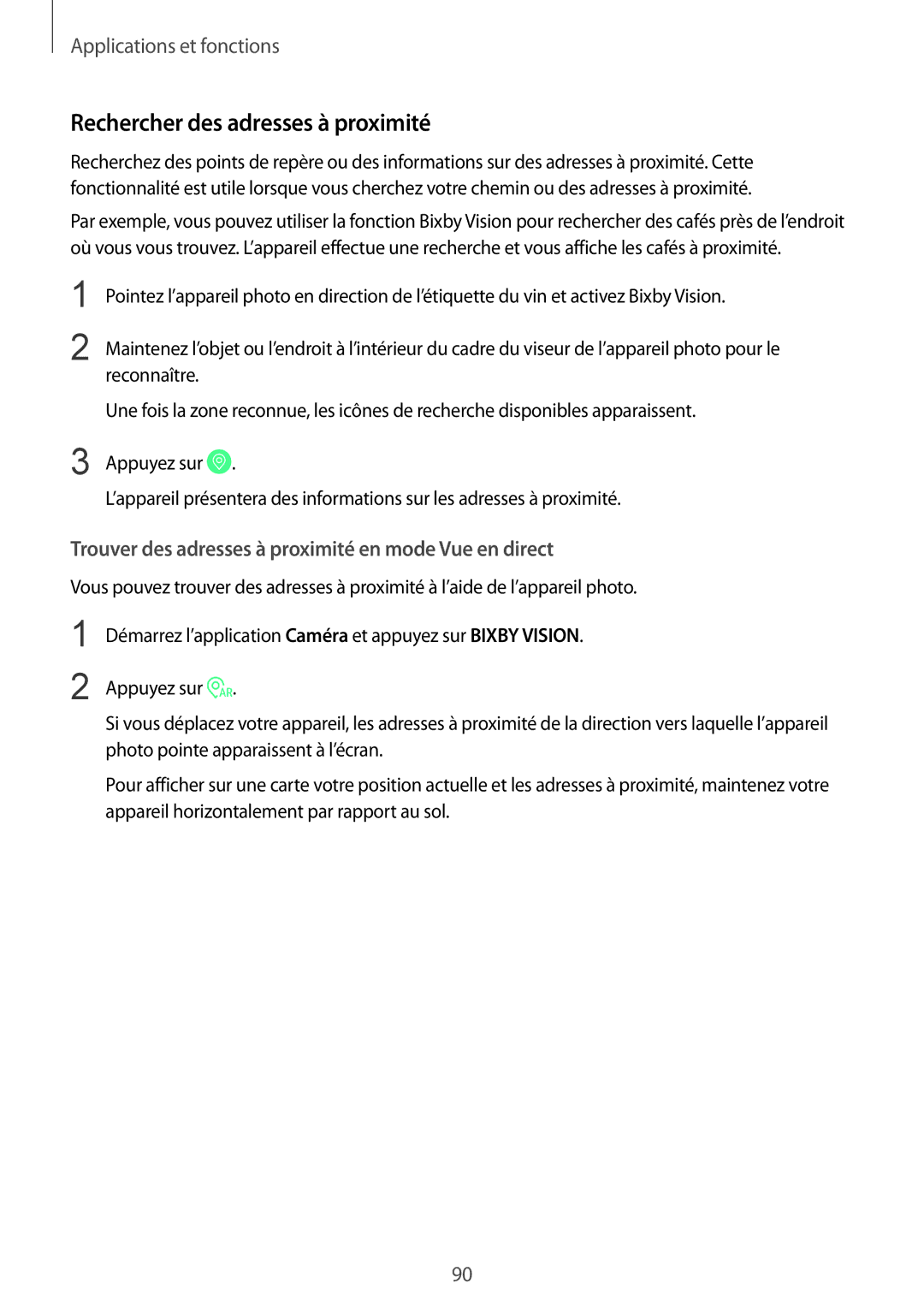 Samsung SM-N950FZBAXEF manual Rechercher des adresses à proximité, Trouver des adresses à proximité en mode Vue en direct 