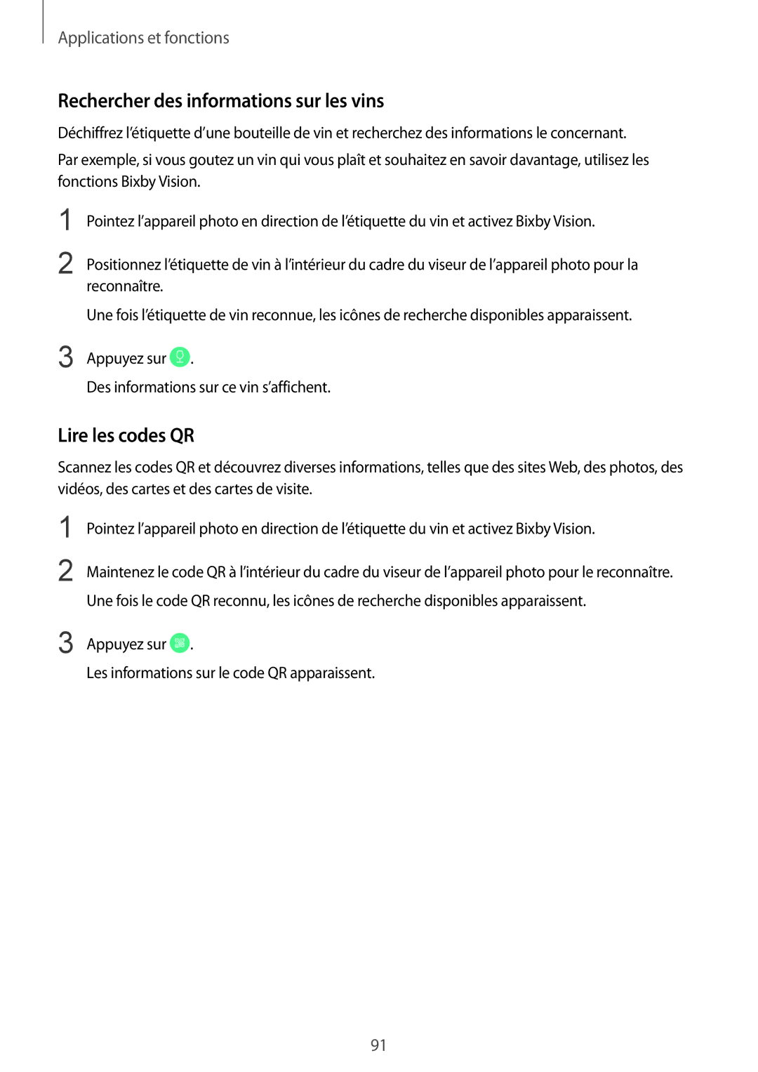 Samsung SM-N950FZDAXEF, SM-N950FZBAXEF, SM-N950FZKAXEF manual Rechercher des informations sur les vins, Lire les codes QR 