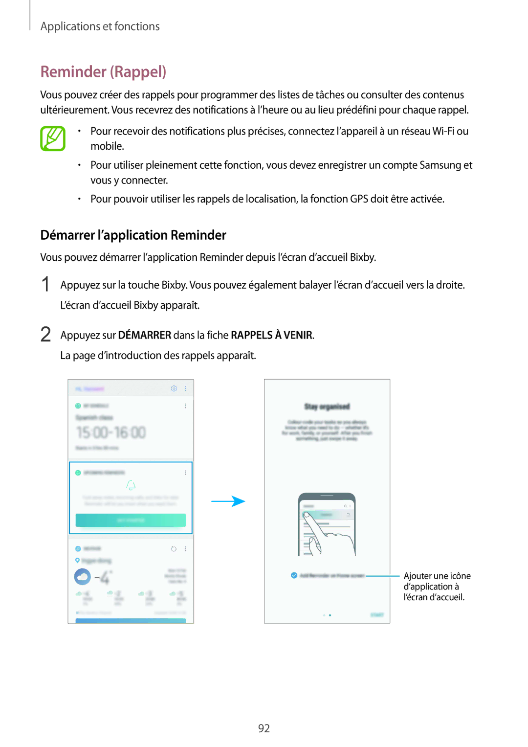 Samsung SM-N950FZKAXEF, SM-N950FZBAXEF, SM-N950FZDAXEF manual Reminder Rappel, Démarrer l’application Reminder 