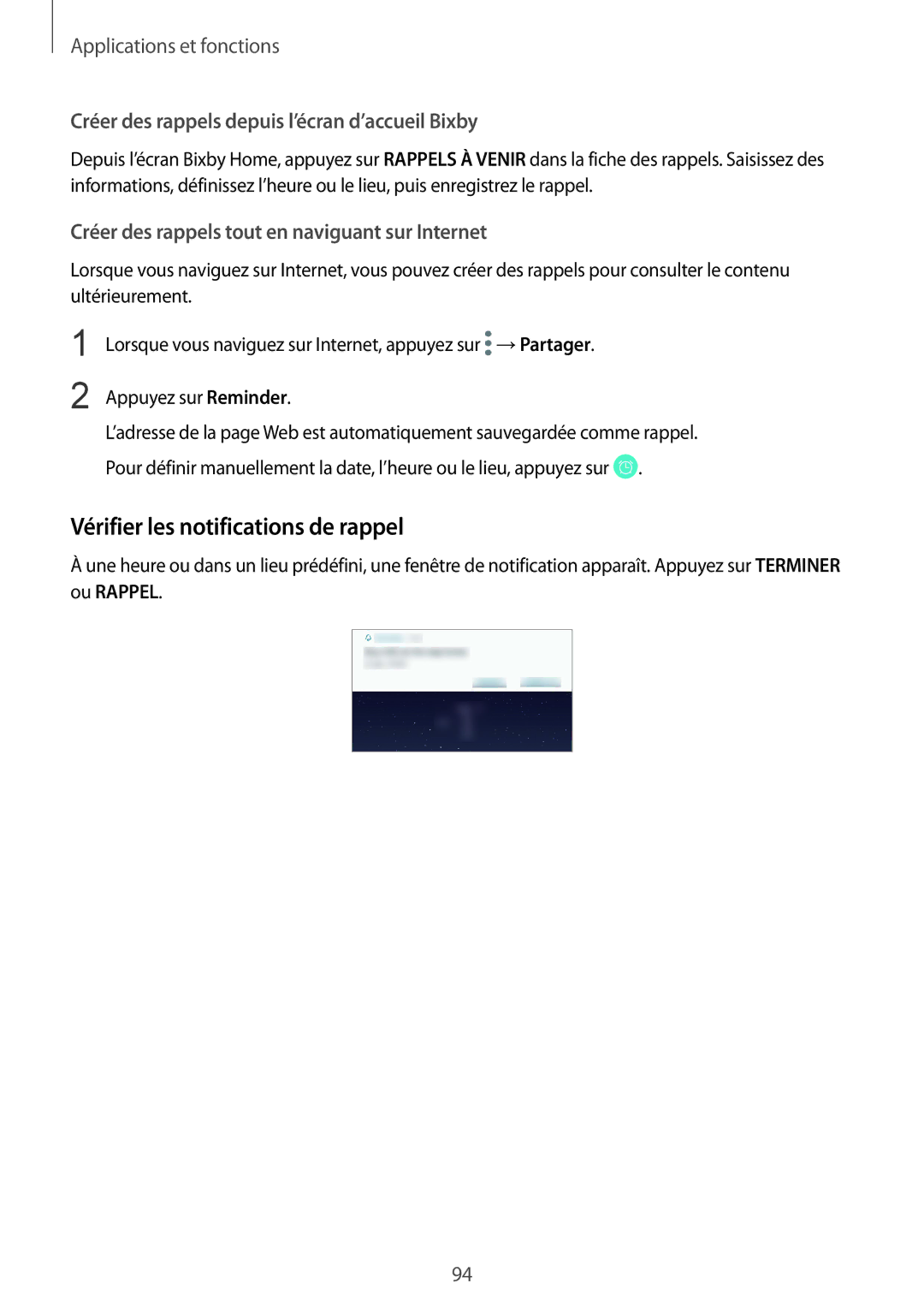 Samsung SM-N950FZDAXEF manual Vérifier les notifications de rappel, Créer des rappels depuis l’écran d’accueil Bixby 