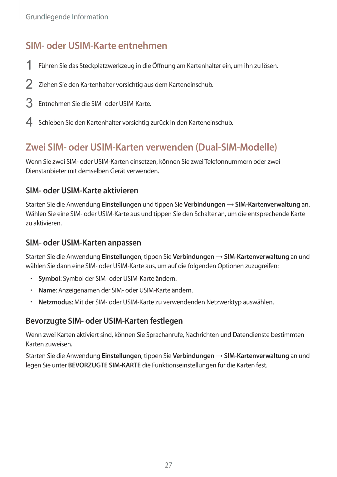 Samsung SM-N950FZBADBT manual SIM- oder USIM-Karte entnehmen, Zwei SIM- oder USIM-Karten verwenden Dual-SIM-Modelle 