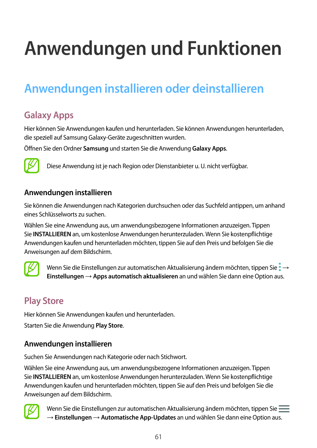 Samsung SM-N950FZKADBT, SM-N950FZDADBT manual Anwendungen installieren oder deinstallieren, Galaxy Apps, Play Store 
