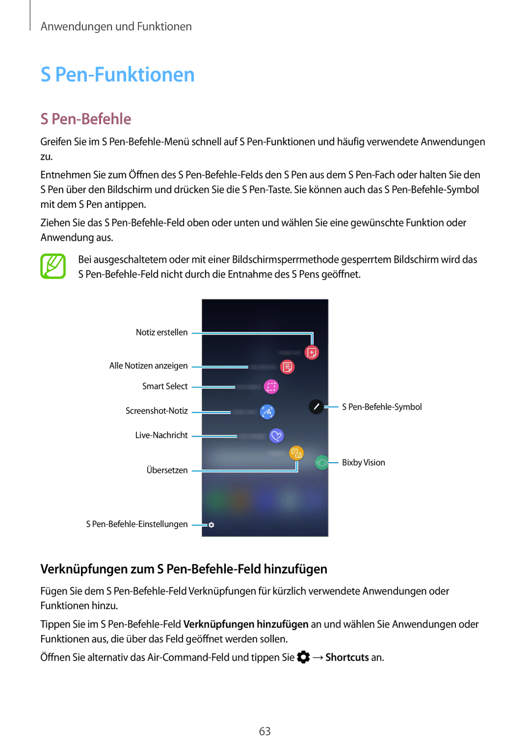 Samsung SM-N950FZKDEUR, SM-N950FZDADBT, SM-N950FZKADBT Pen-Funktionen, Verknüpfungen zum S Pen-Befehle-Feld hinzufügen 