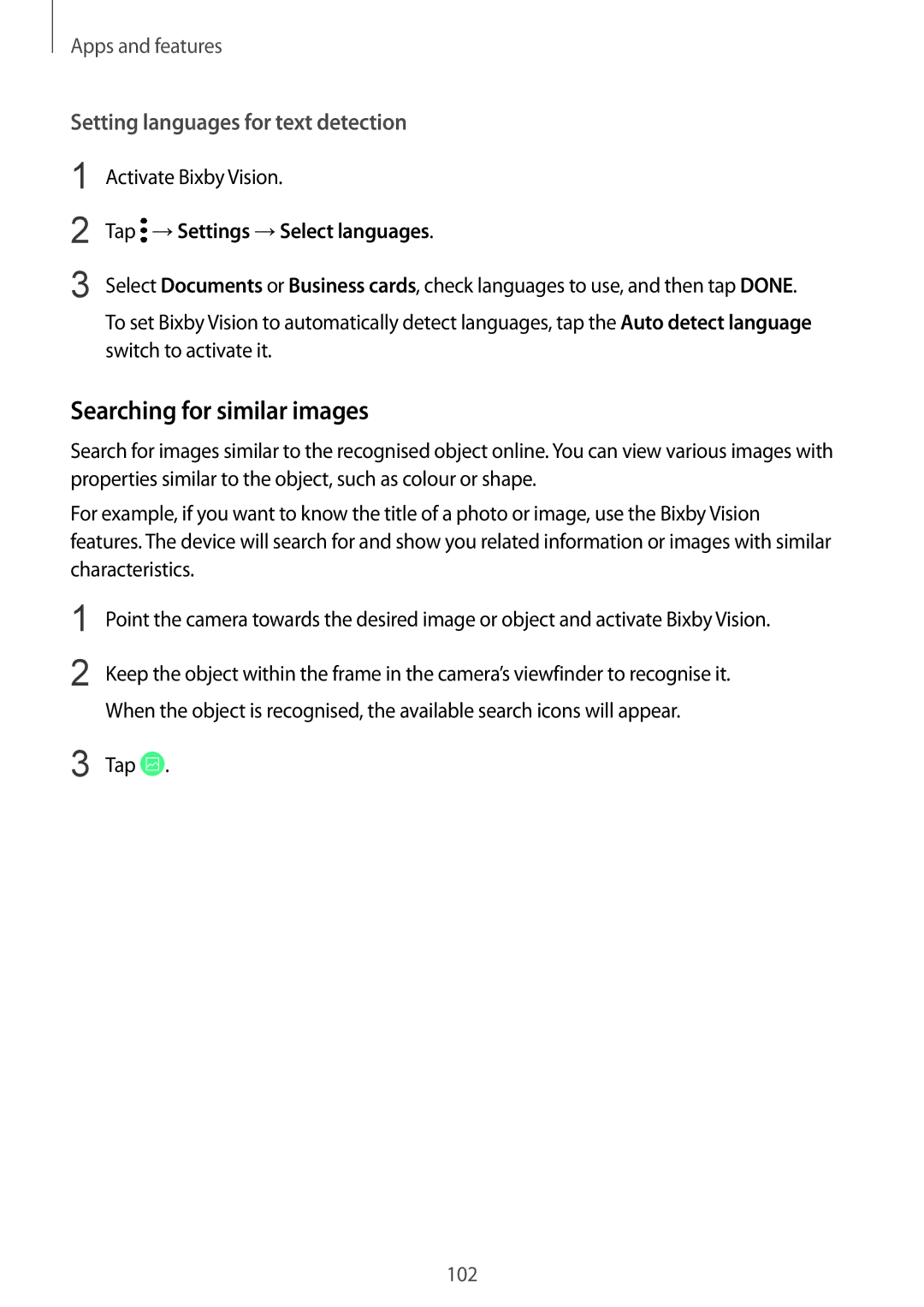 Samsung SM-N950FZDDXXV manual Searching for similar images, Setting languages for text detection, Activate Bixby Vision 