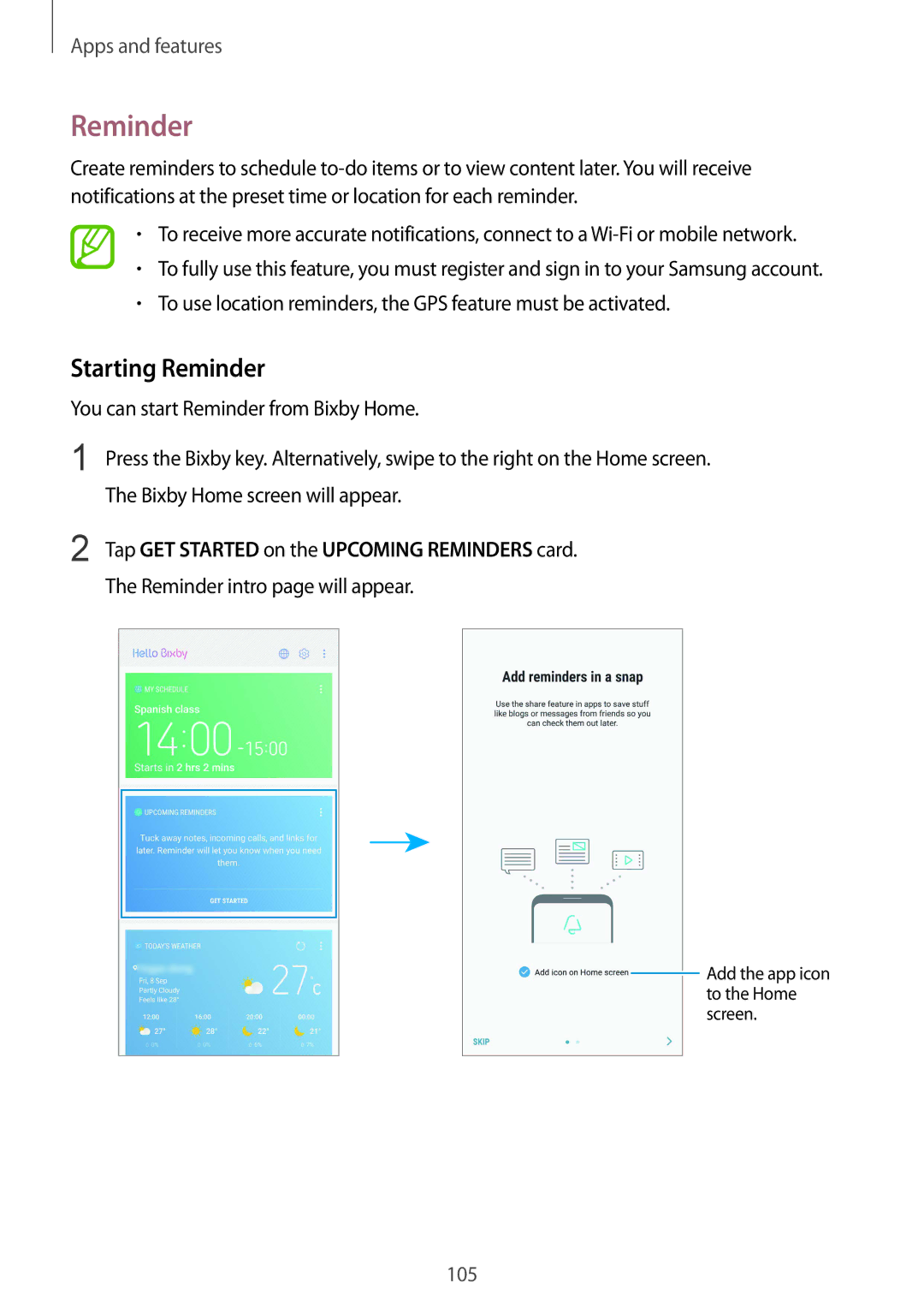 Samsung SM-N950FZKDBGL, SM-N950FZDADBT manual Starting Reminder, Tap GET Started on the Upcoming Reminders card 