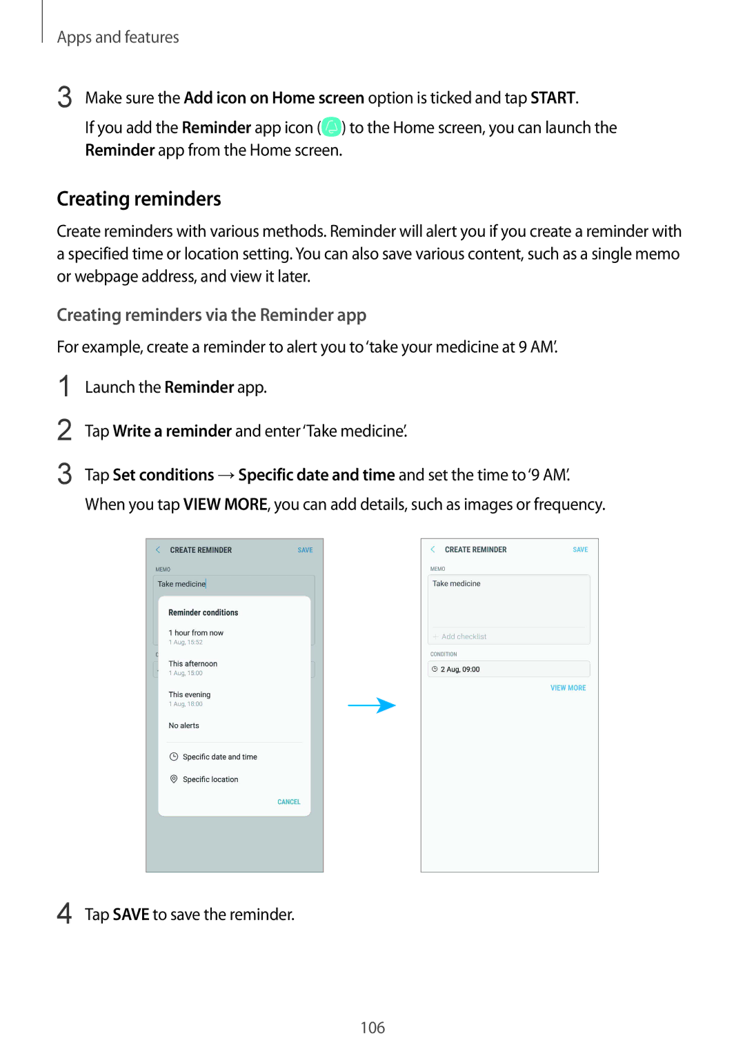 Samsung SM-N950FZDDBGL, SM-N950FZDADBT manual Creating reminders via the Reminder app, Tap Save to save the reminder 