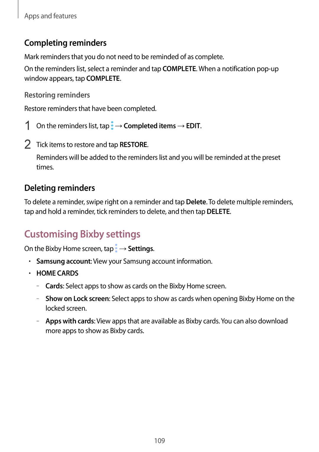 Samsung SM-N950FZDASEE manual Customising Bixby settings, Completing reminders, Deleting reminders, Restoring reminders 